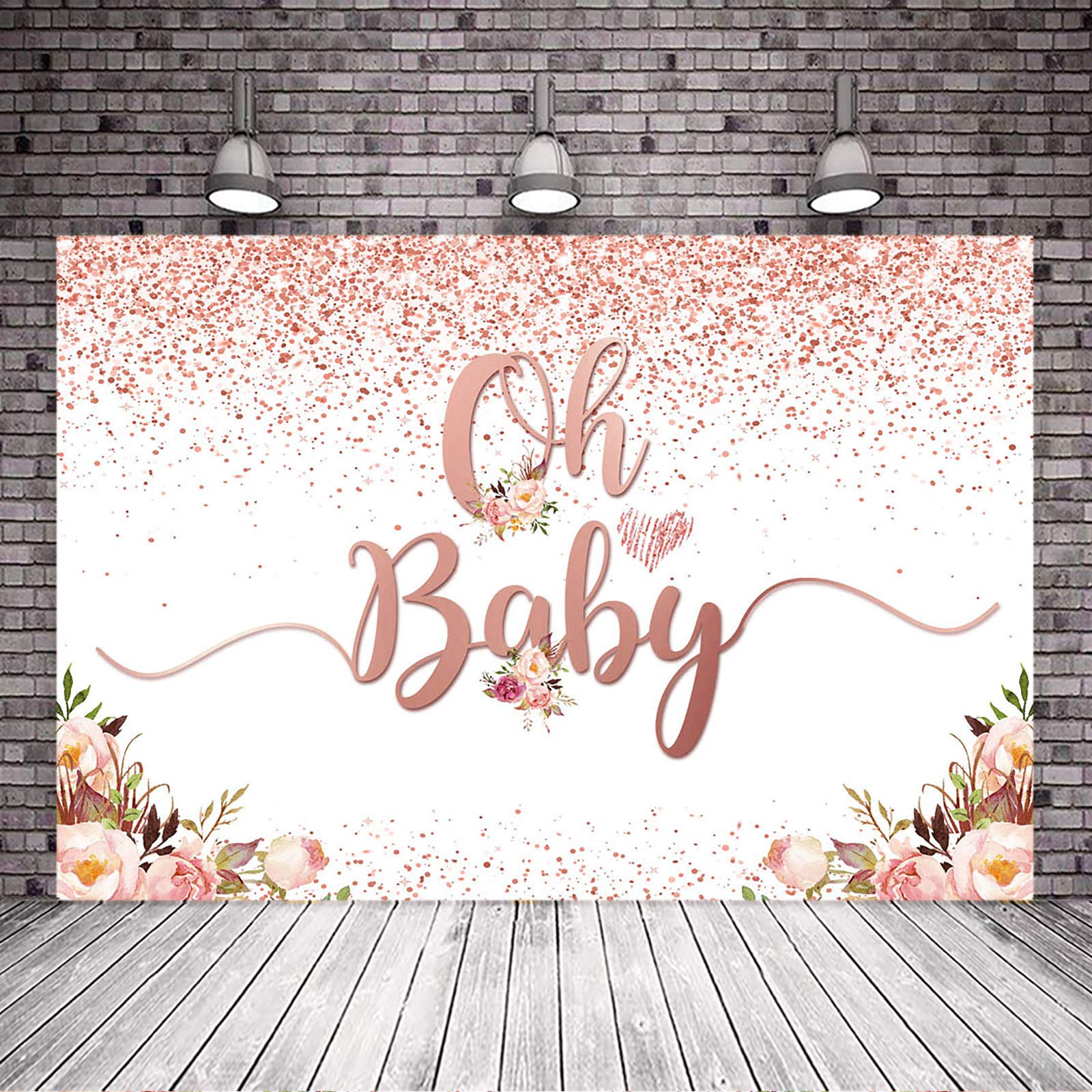 Rose Gold Baby Shower Backdrop - Oh Baby Floral Vinyl Glitter Background with Gold Dots (5x3 ft) for Girls' Baby Shower Decorations, Gender Reveal Parties & Nursery Wall Decor