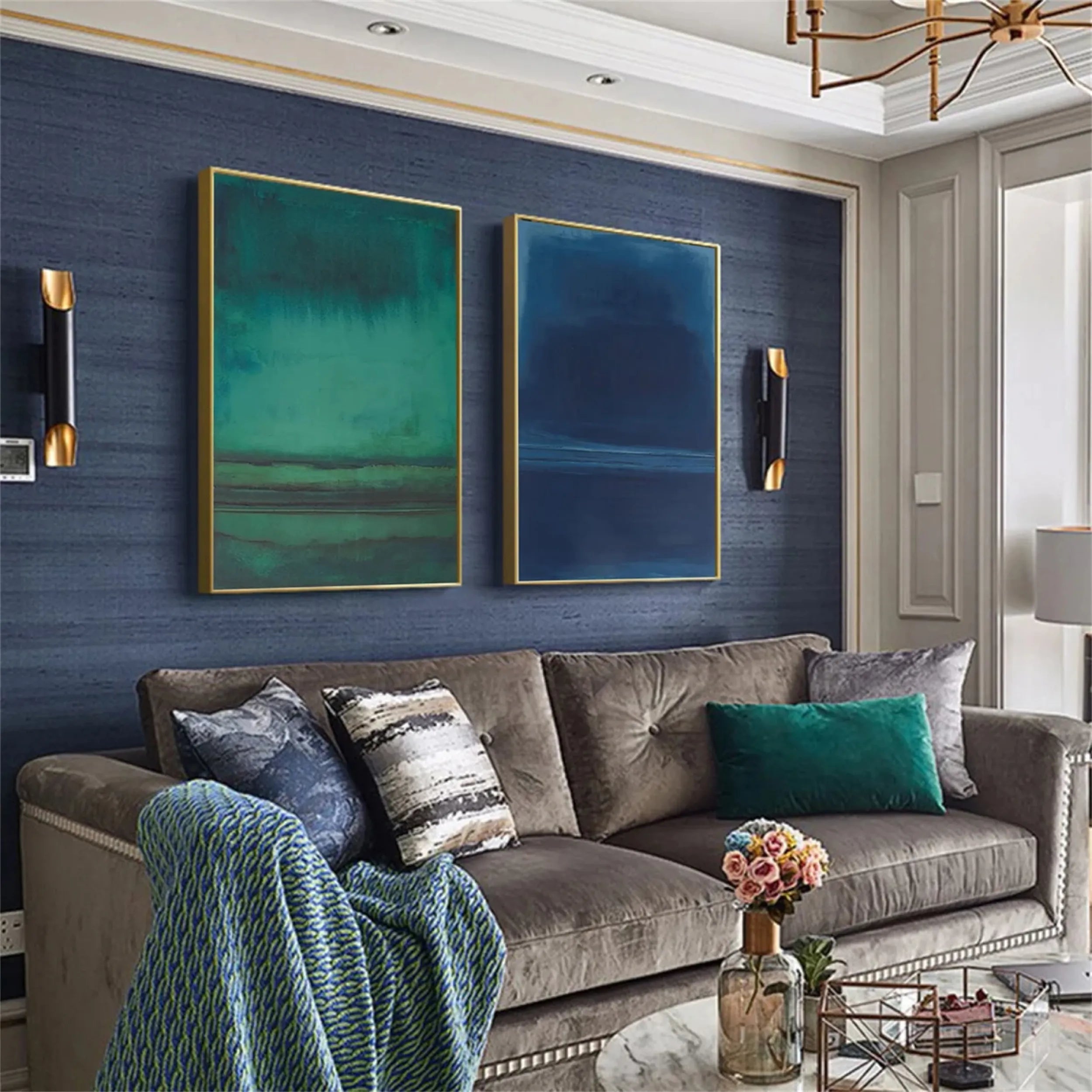 Abstract Blue and Green Canvas Art Set of 2 - Modern Wall Decor for Living Room, Bedroom & Office - BG053