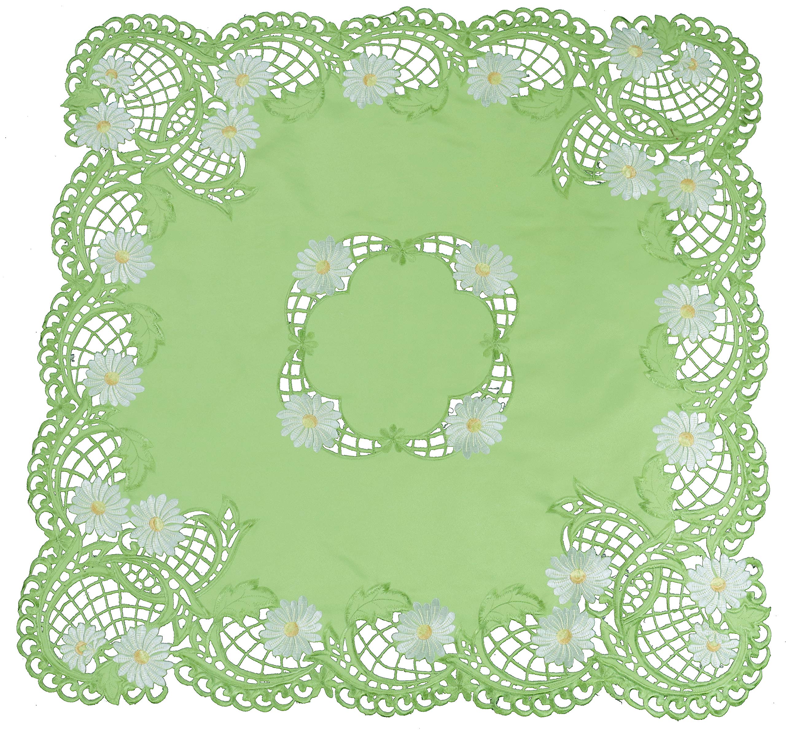 Vintage Elegant Embroidered Cutwork Tablecloth 36 Inch Square - White Daisy with Green Base for Kitchen, Dining, Coffee & Tea Table, Nightstand | Perfect for Home Decor, Parties & Special Occasions