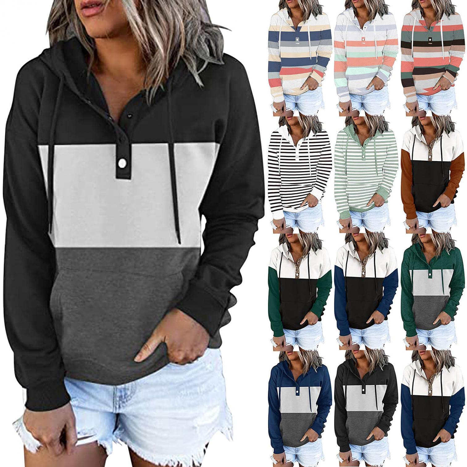 Trendy Women's Colorblock Graphic Hoodie - Y2K Style Pullover with Drawstring & Button Down, Long Sleeve Casual Sweatshirt | Perfect for Streetwear, Casual Outfits & Layering in Fall/Winter