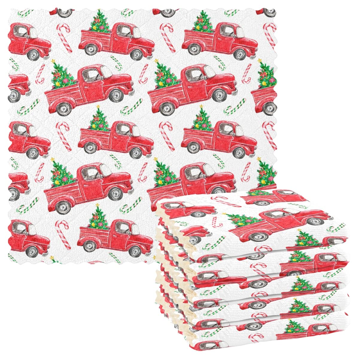 Vintage Christmas Red Truck Winter Holiday Kitchen Towels - Set of 6 Absorbent Reusable Dish Cloths & Hand Towels for Kitchen Counter, Holiday Decor & Gift Giving