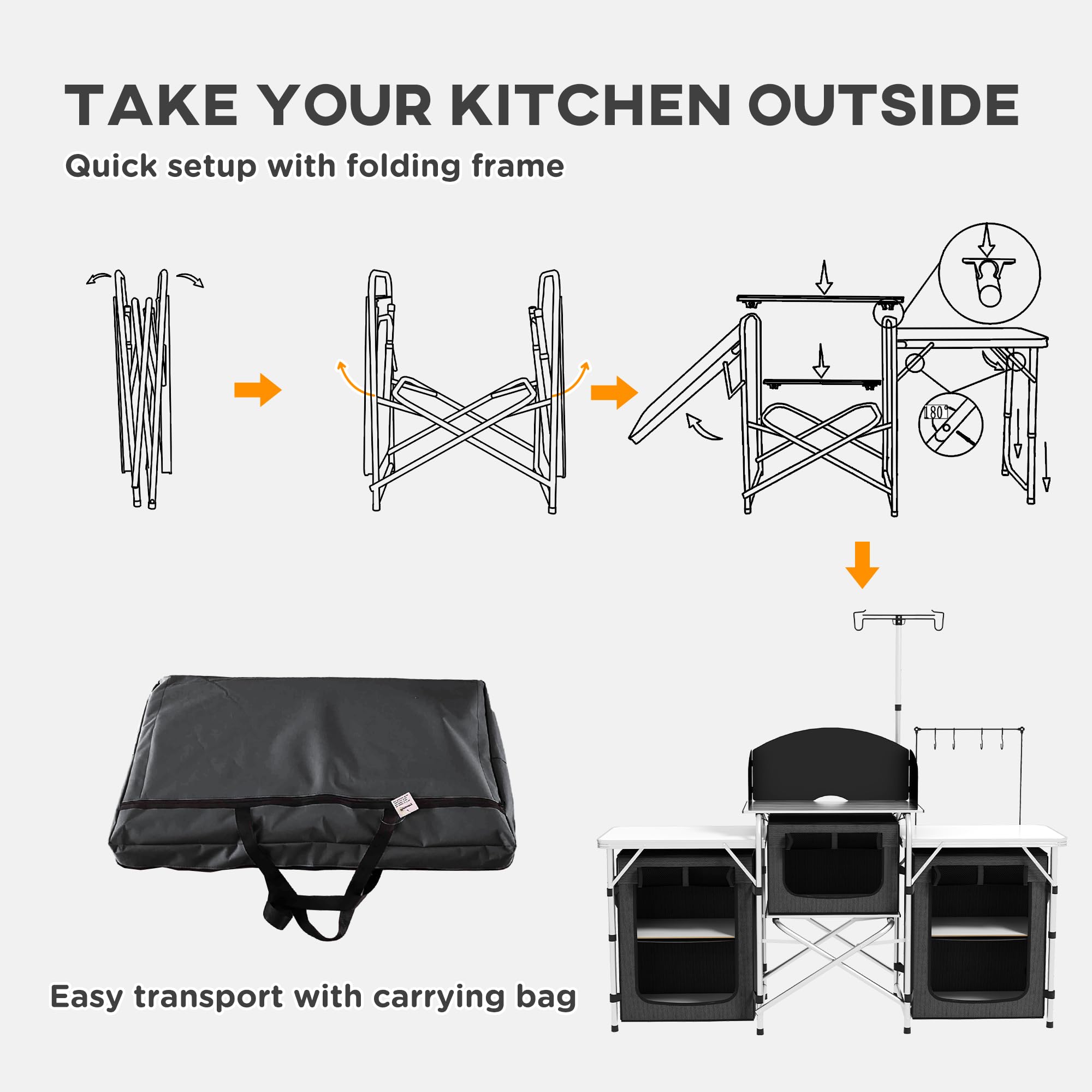 Outsunny Portable Folding Camping Kitchen Table - Aluminum Cook Station with 3 Fabric Cupboards & Windshield - Compact Camp Kitchen for BBQ, RV, Picnic - Includes Carrying Bag (Black) | Perfect for Outdoor Cooking, Camping Trips & Backyard Gatherings