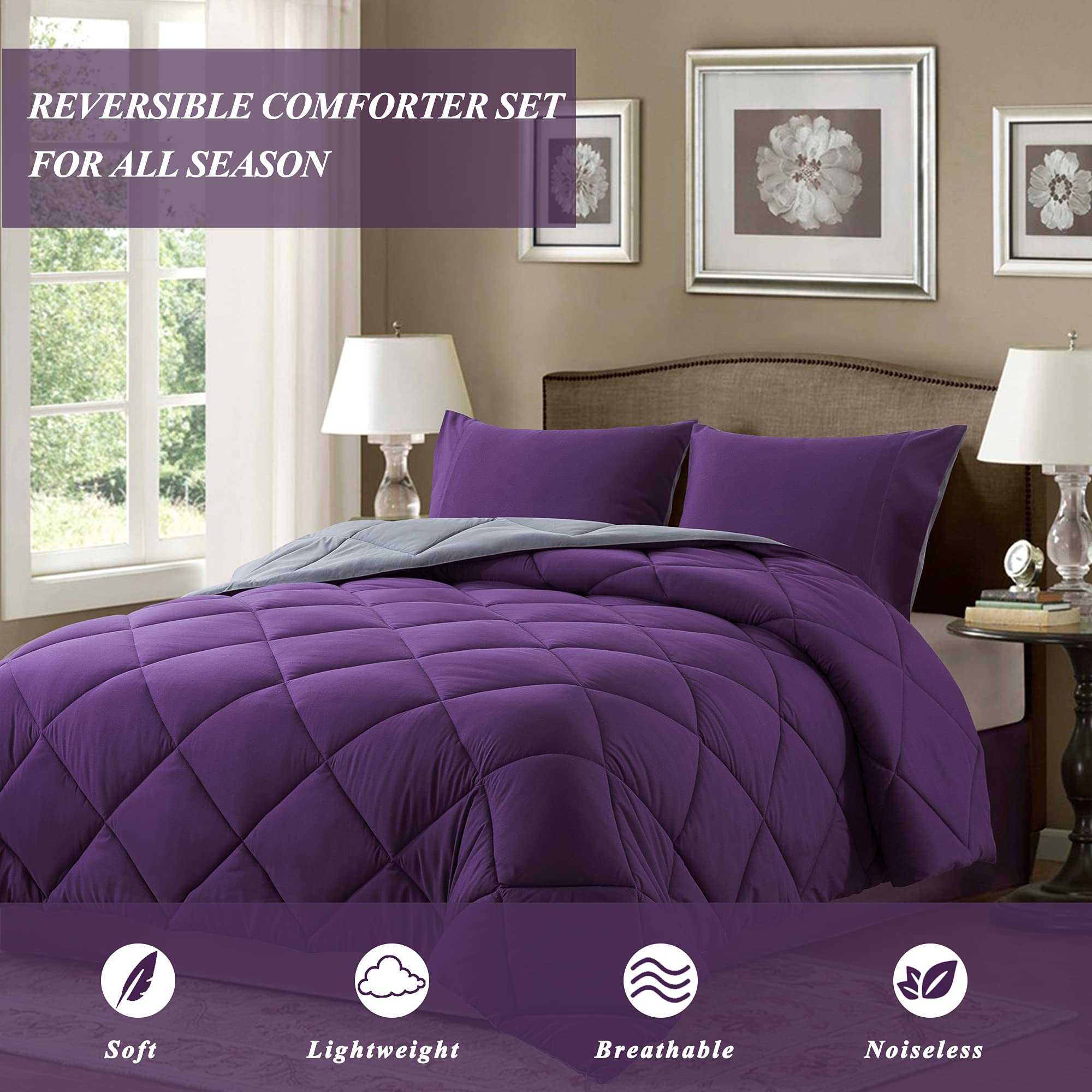 ELNIDO QUEEN® 2-Piece Twin/Twin XL Comforter Set - Reversible Purple & Grey Down Alternative Duvet Insert with Pillow Sham | Soft Lightweight Bedding for All Seasons | Perfect for Kids Rooms, Guest Beds & Dorm Decor (64x88 Inches)