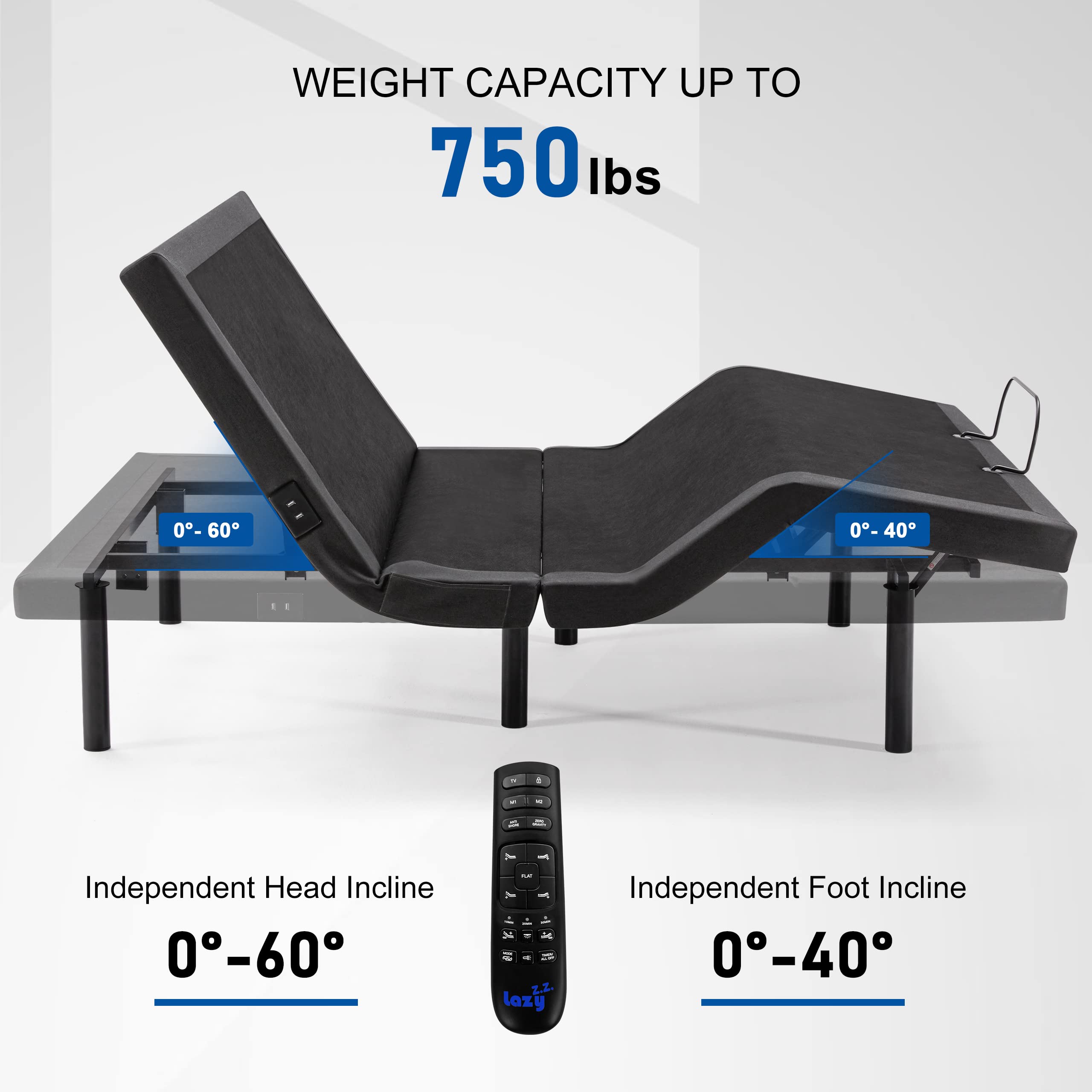 Adjustable Bed Base Frame with 17 Control Functions, Bluetooth App, Dual Massage & USB Ports, Head/Foot Incline, Zero Gravity & Under Bed Lights - Queen Size for Ultimate Comfort & Relaxation | Perfect for Home, Office & Guest Rooms