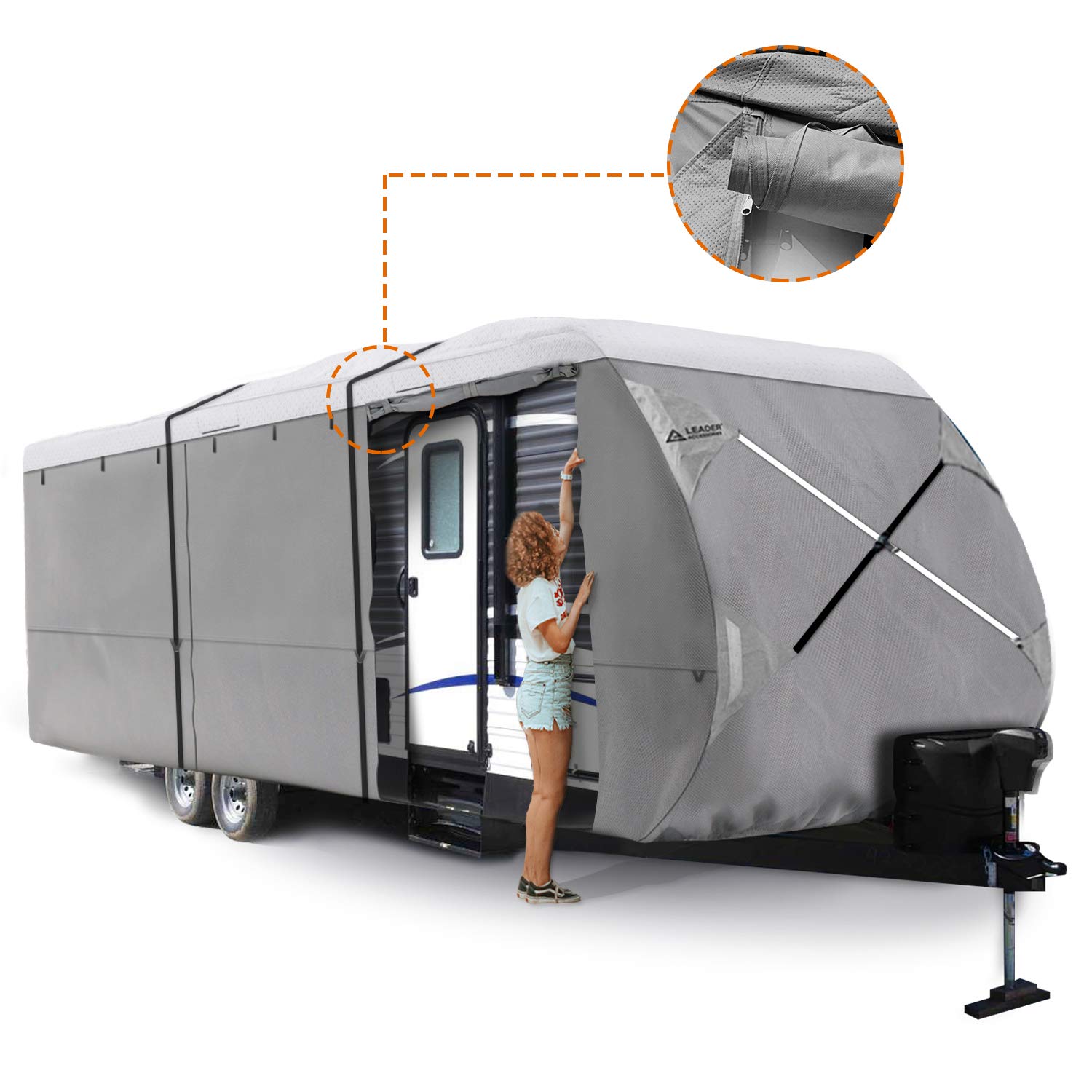 Windproof RV Cover for Travel Trailers 24'-27' - Heavy Duty Waterproof Camper Cover with UV Protection (White/Grey) - Perfect for Outdoor Storage & Winter Protection