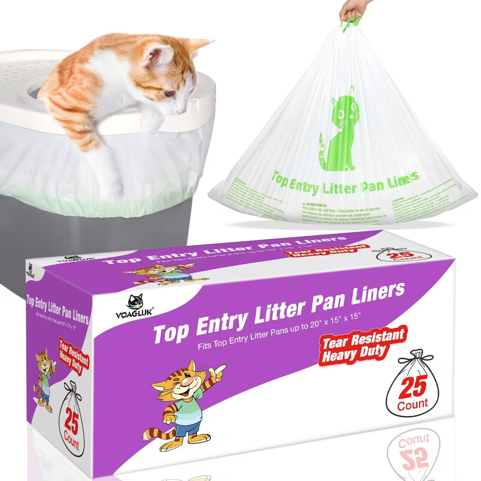 Heavy Duty Cat Litter Box Liners - 25 Count Tear Resistant Drawstring Bags for Top Entry Litter Pans | Perfect for Odor Control & Easy Cleanup in Multi-Cat Homes