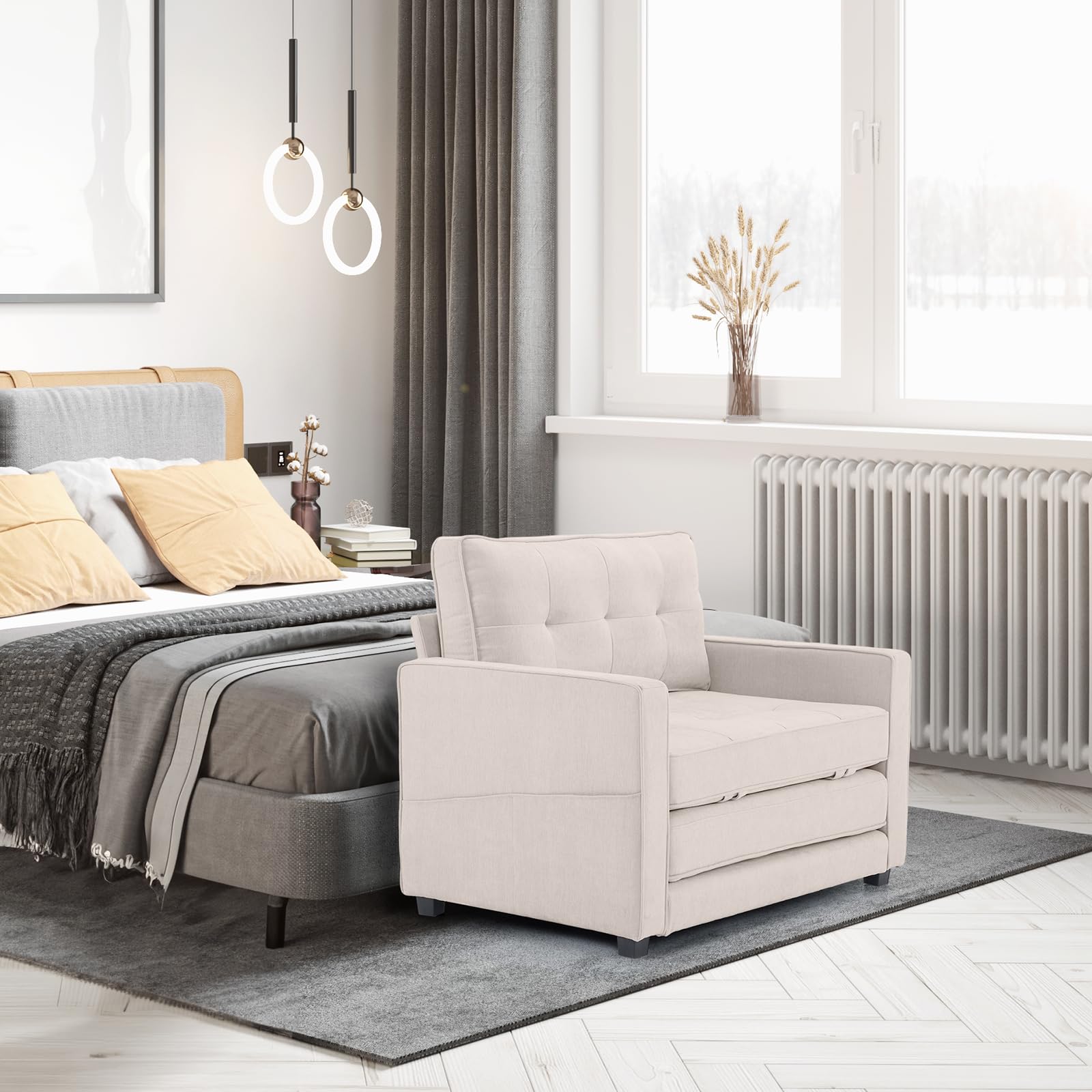 VINGLI Convertible Sleeper Chair Bed - Foldable Sofa Bed for Living Room, Office & Guest Room - Single Futon Couch in Beige - 43