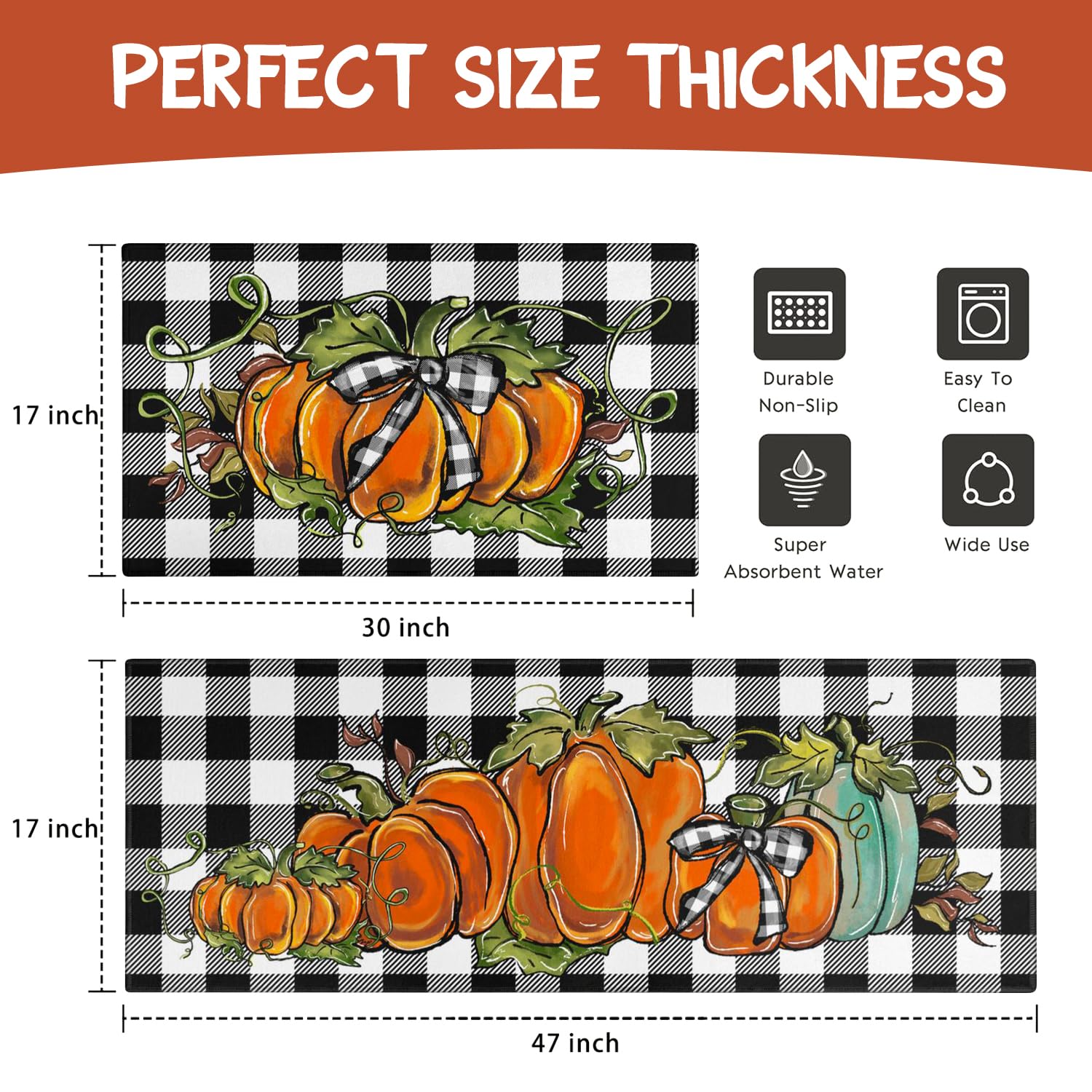 Faptoena Fall Pumpkin Kitchen Rugs Set of 2 - Non-Slip Washable Buffalo Plaid Thanksgiving Mats for Farmhouse Decor (17x47 + 17x30) - Perfect for Autumn Kitchen Flooring and Cozy Home Decorations