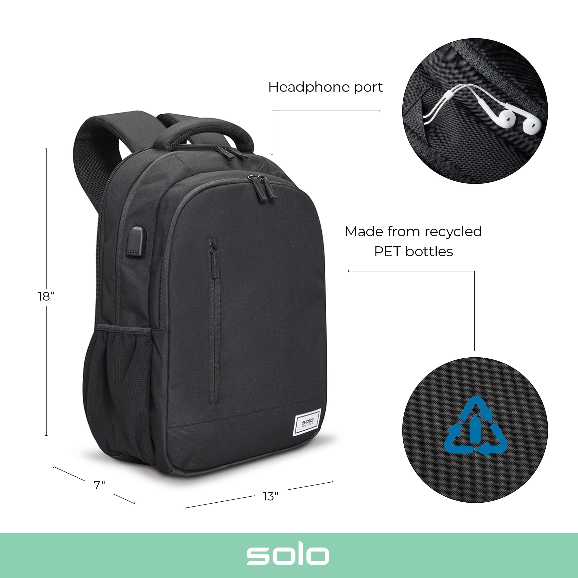Solo New York Re:Define Laptop Backpack for 15.6 Inch Laptop - Durable Water-Resistant Business Backpack with USB Charging Port - Perfect for Work, Travel & College Students (Black)