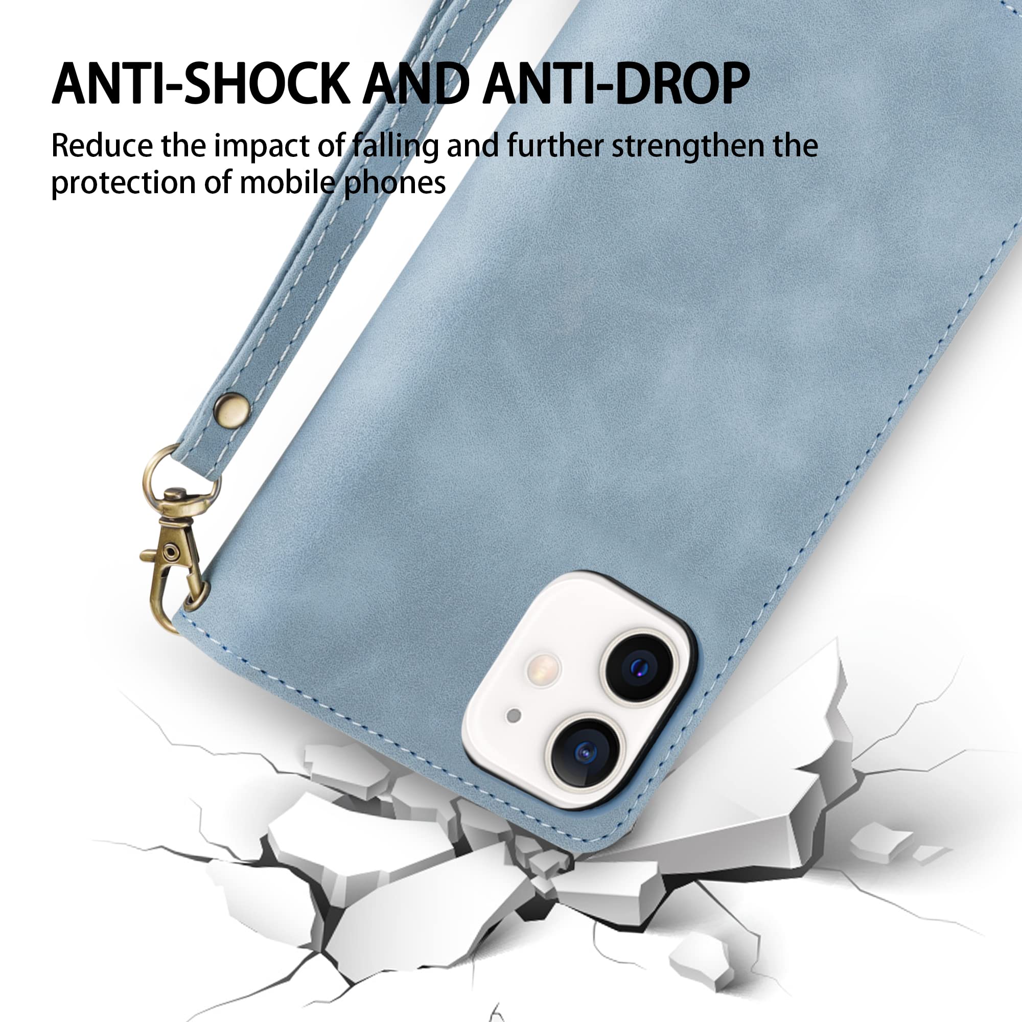 Premium Soft PU Leather Zipper Folio Wallet Case for iPhone 12/12 Pro (6.1 inch) - Card Slots, Wrist Strap & Kickstand | Light Blue | Business, Travel & Everyday Protection