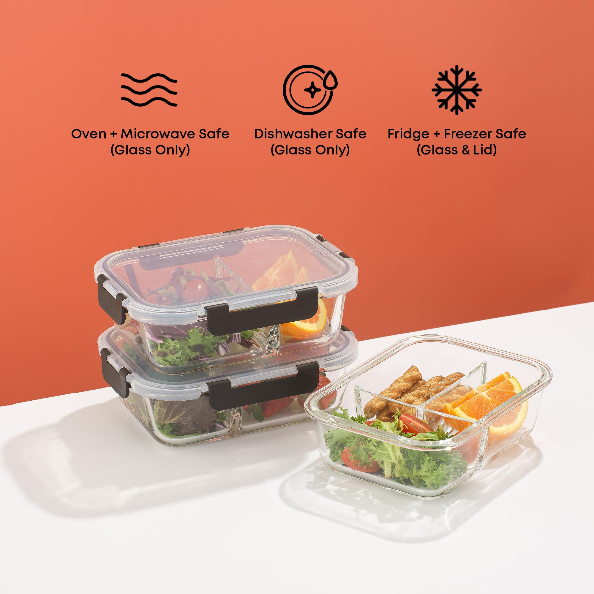 JoyJolt 3-Compartment Glass Meal Prep Bento Box Set - 5 Pack Airtight Food Storage Containers with Lids for Portion Control, Weight Loss & Healthy Eating | Perfect for Office Lunches, Meal Prepping & On-the-Go Nutrition