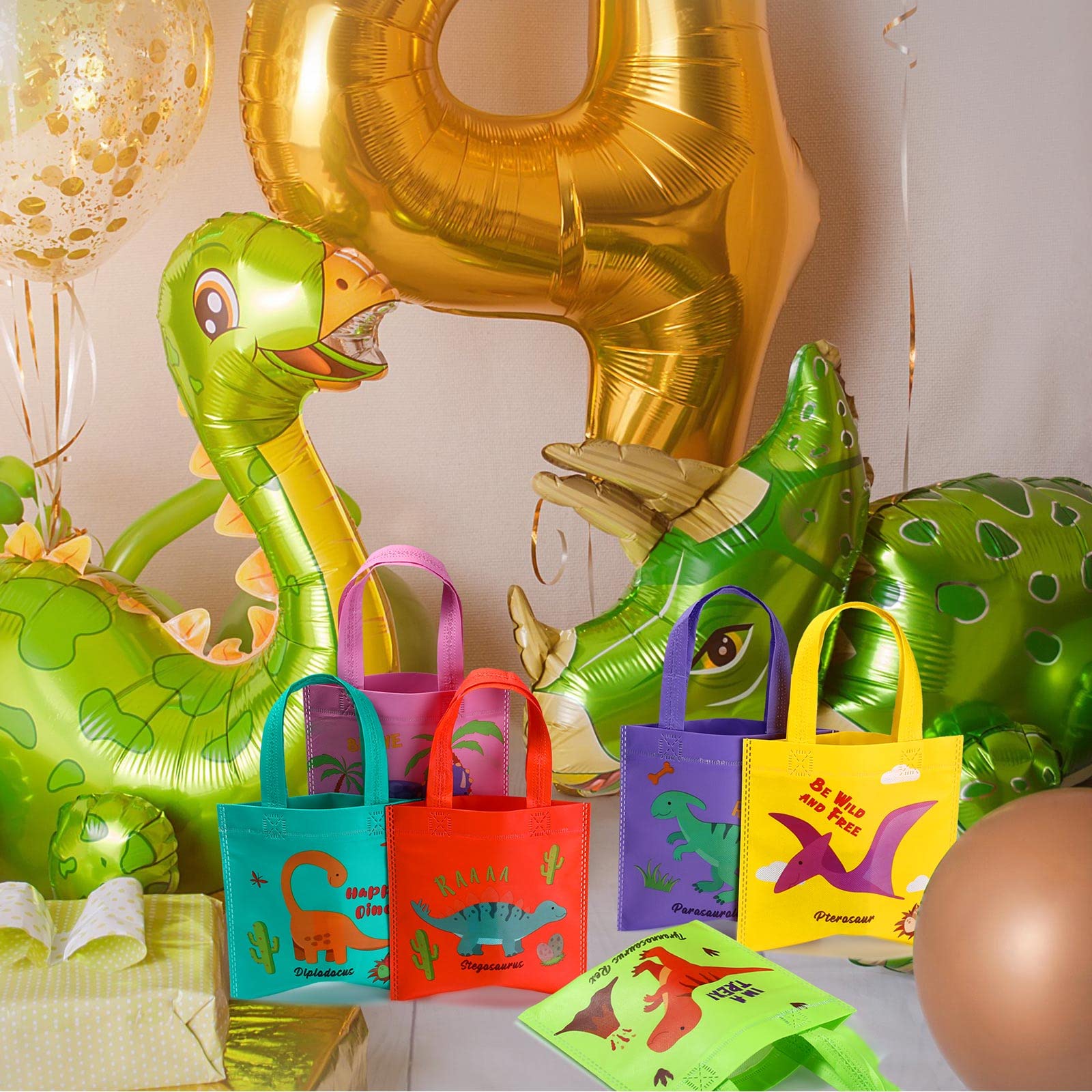 24-Piece Dinosaur Party Favor Bags - Reusable Non-Woven Tote Treat Bags with Handles for Kids Birthday, Dino Themed Party Decorations & Candy Goodie Bags | Perfect for Dinosaur Birthday Parties, Classroom Rewards, and Halloween Treat Bags
