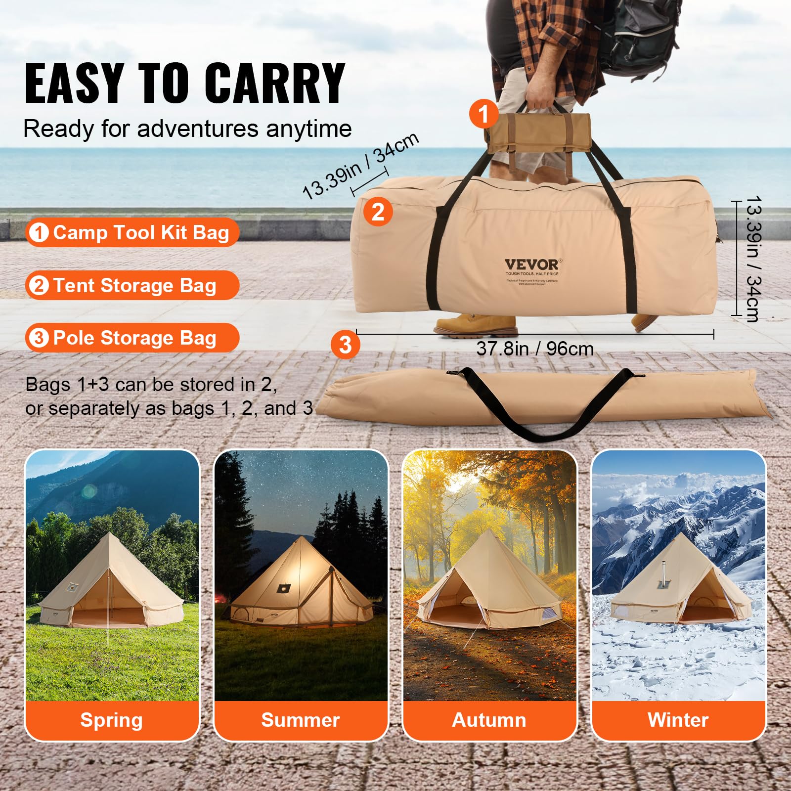 VEVOR 4-Season Canvas Bell Tent with Stove Jack - Breathable Yurt Tent for Camping, Hunting & Outdoor Adventures - Fits 4 People - Perfect for Family Camping, Backpacking & Glamping