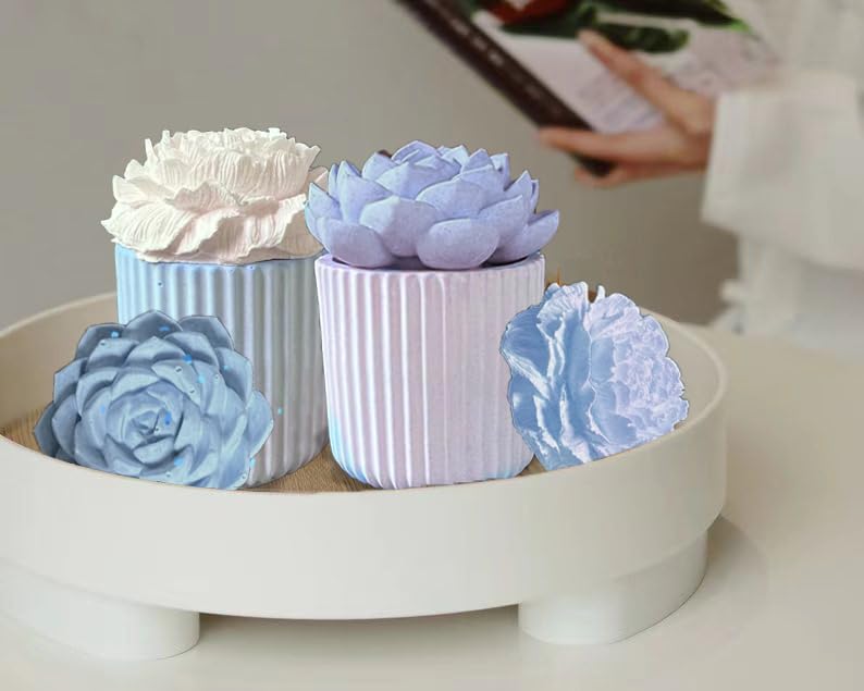 Succulent & Peony Flower Candle Soap Silicone Mold Set - Concrete Candle Molds for DIY Candle Making, Jar Lid Molds with Floral Designs - Perfect for Home Decor, Wedding Favors, and Handmade Gifts