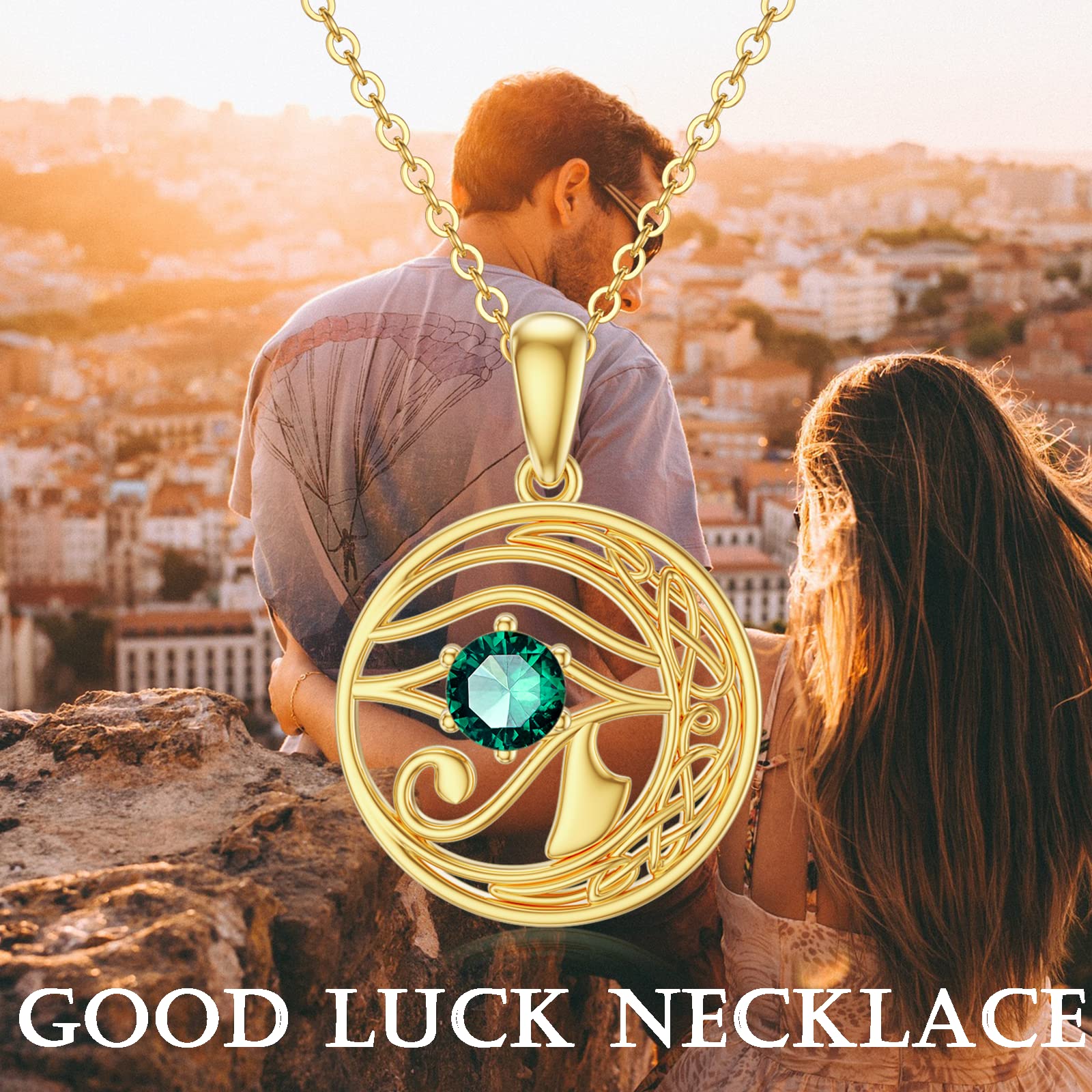 14K Gold Eye of Horus Necklace with Genuine Emerald - Irish Celtic Knot Pendant for Women, Elegant 16