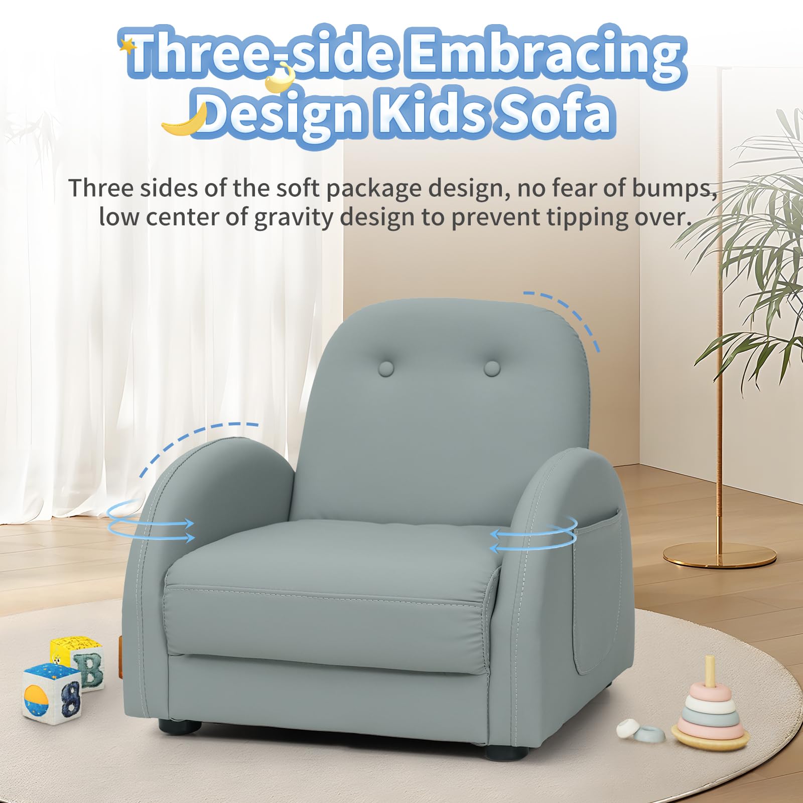 MOOITZ Adjustable Kids Recliner Chair with Ottoman - 5-Position Leatherette Toddler Recliner, Waterproof & Stain-Resistant, Gray - Perfect for Nursery, Playroom or Kids Bedroom Relaxation