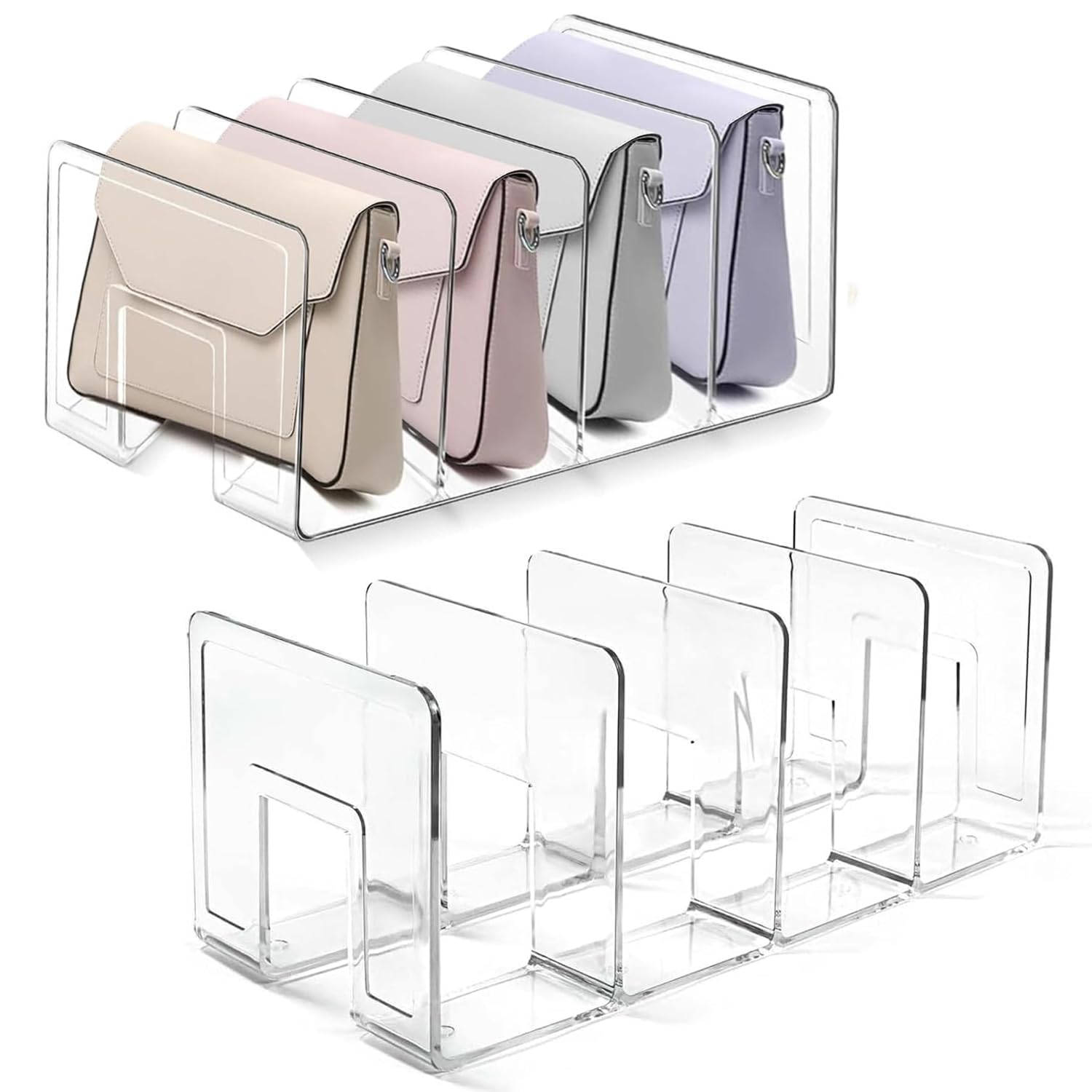 2 Pack Clear Acrylic Purse Organizers with 4 Sections - Perfect for Handbag, Jewelry & Makeup Storage in Bedroom, Office & Closet (Bright Transparent)