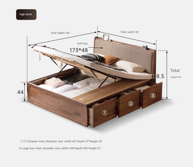 Solid Black Walnut Wood Leather-Upholstered Drawer Box Bed - Nordic Style Platform Bed with Storage for Modern Bedroom