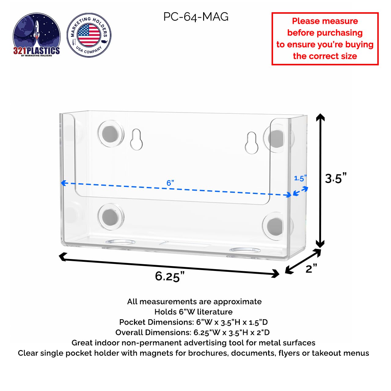 6 Pack Clear Acrylic Postcard Holders with Magnets - 6 Inch Wide Display Stand for Printed Materials, Advertisements & Booklets - Office, Shop & Restaurant Organizer (Perfect for Countertops, Reception Areas & Retail Displays)