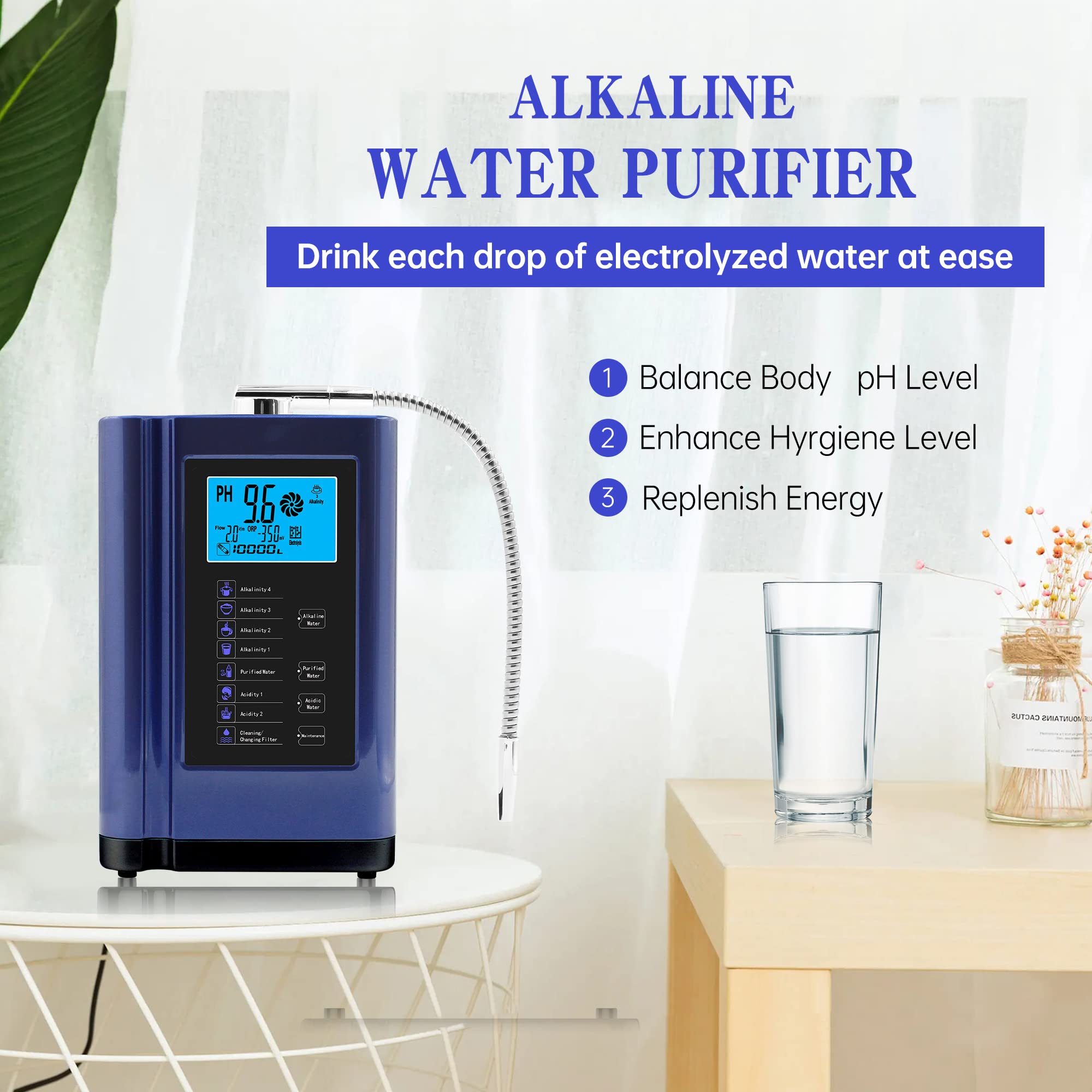 Premium Alkaline Water Ionizer Machine - pH 3.5-10.5 Adjustable, -500mV ORP, 8000L Filter Capacity, 7 Water Settings, Auto-Cleaning & Voice Control (Blue) - Perfect for Home, Office & Health Enthusiasts