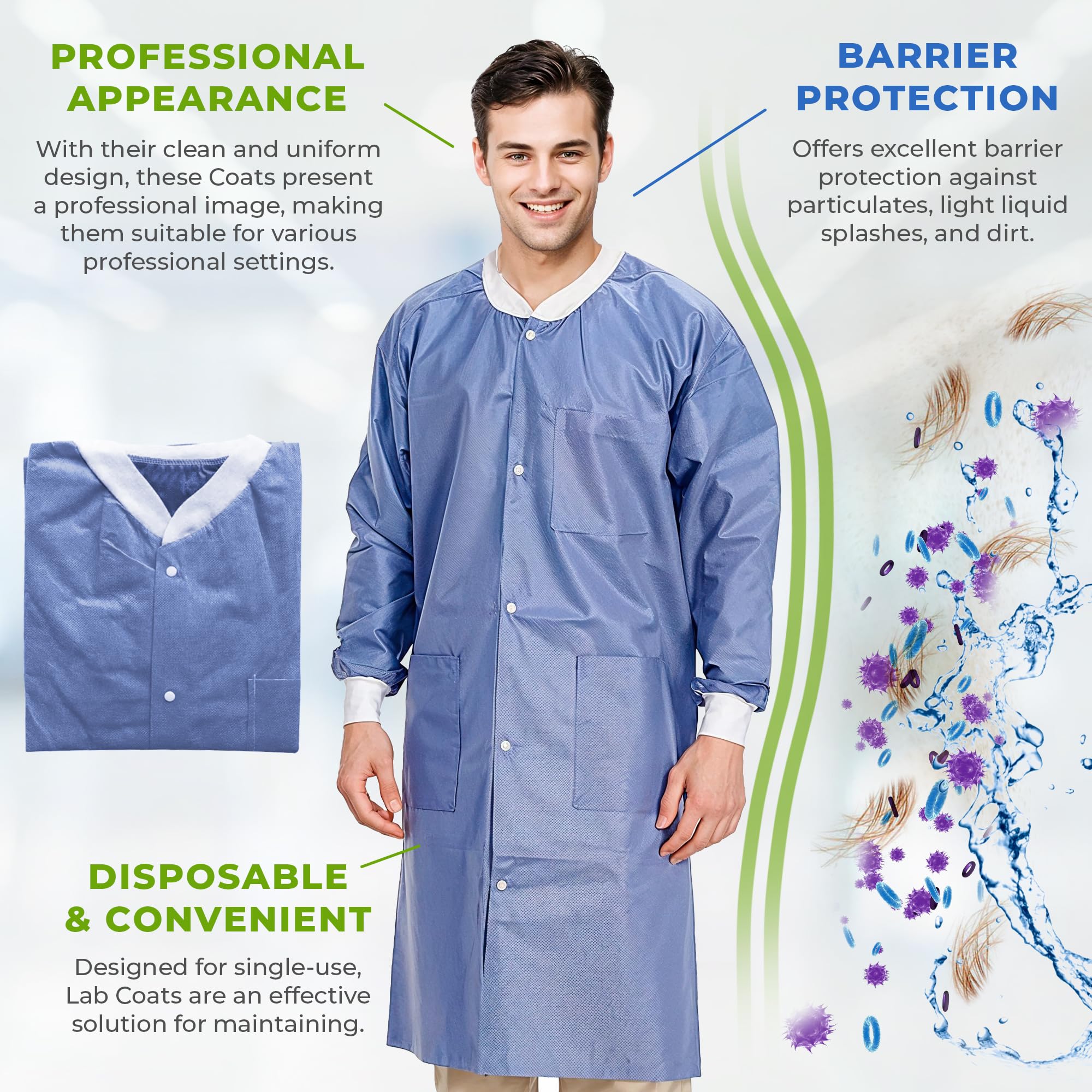 AMZ Disposable Lab Coats for Adults - Medium Size, Pack of 50 - Blueberry SMS Knee-Length Medical Lab Coats (45 GSM) with Cuffs, Knit Collar & 3 Pockets - Ideal for Medical, Dental, Painting & Laboratory Use