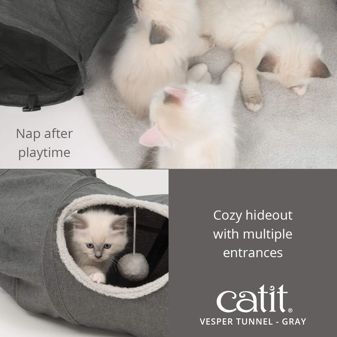Catit Vesper Cat Tunnel - Interactive Cat Toy for Indoor Play, Grey (Model 41996) | Fun Hideaway & Exercise for Kittens & Adult Cats