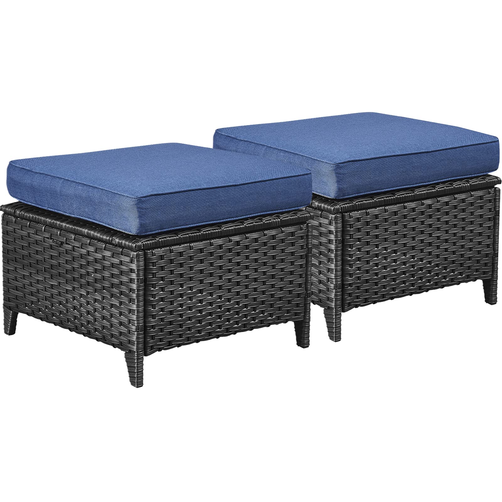 All-Weather Outdoor Furniture Ottoman Set of 2 - Patio Seating Footstool with Soft Cushions, Rattan Wicker Ottoman Seat for Garden, Deck, Poolside & Backyard Relaxation