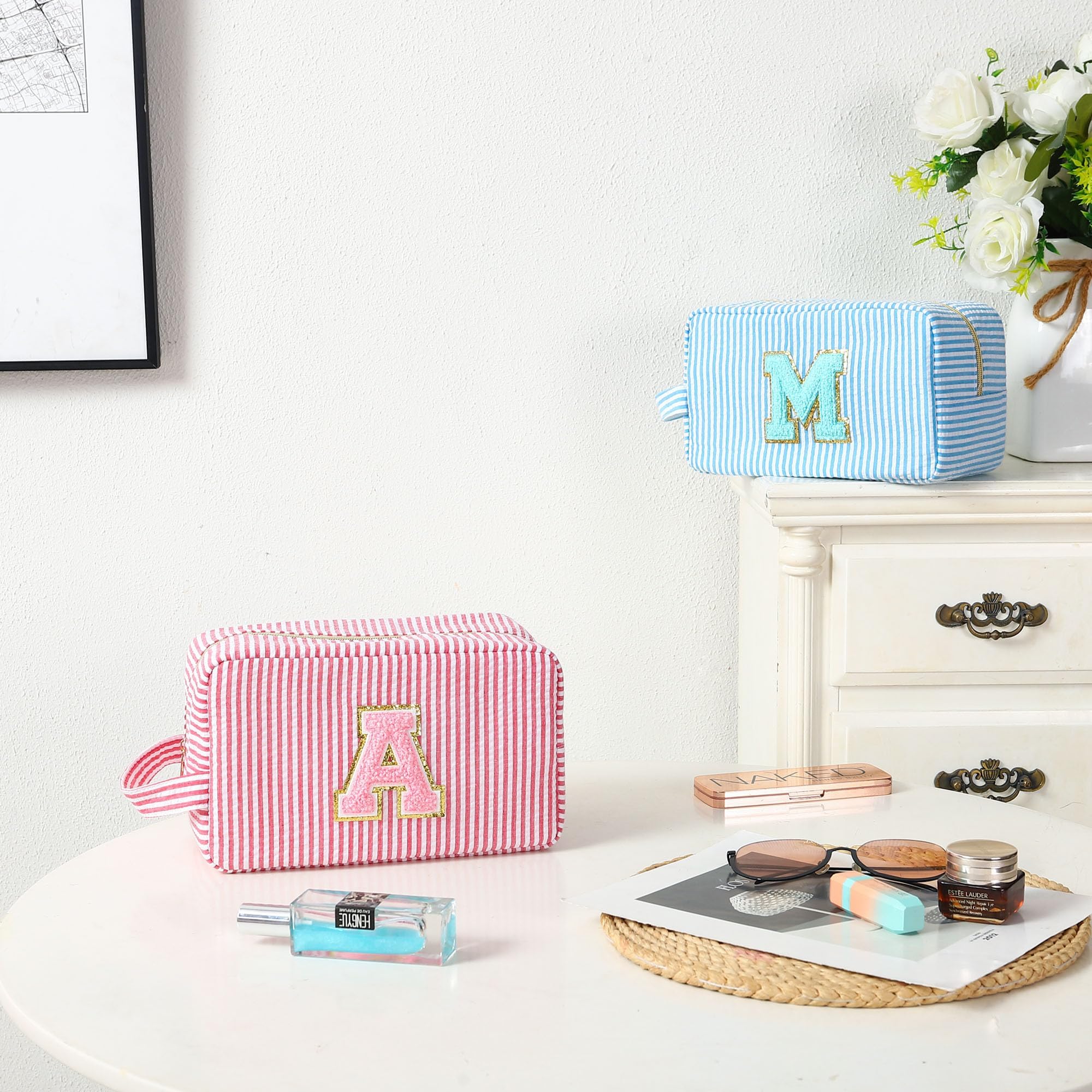 Personalized Monogrammed Initial Makeup Bag - Custom Preppy Striped Toiletry Pouch for Teen Girls | Perfect Birthday Gift for Her | Great for Travel, School & Cosmetics Storage (Pink)