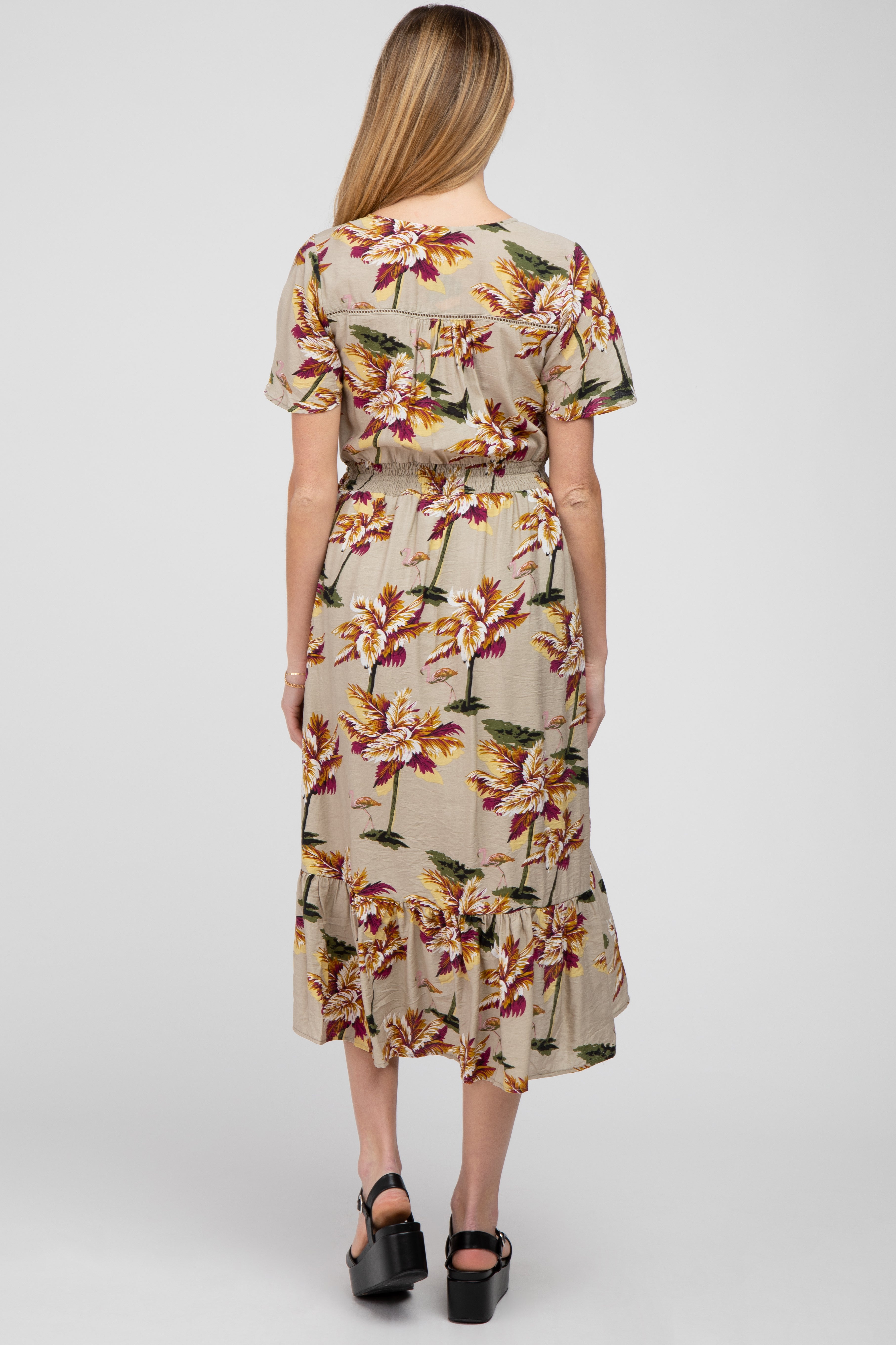 Beige Floral Button Maternity Midi Dress for Pregnancy - Comfortable Stretchy Nursing Dress for Women, Perfect for Baby Shower, Maternity Photo Shoot & Everyday Wear