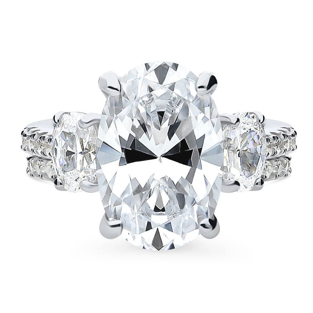BERRICLE Sterling Silver 3-Stone Oval Cut Cubic Zirconia Engagement Ring Set for Women - 5.5 Carat CZ Wedding Band, Rhodium Plated Size 4-10 - Perfect for Proposals, Anniversaries & Bridal Jewelry