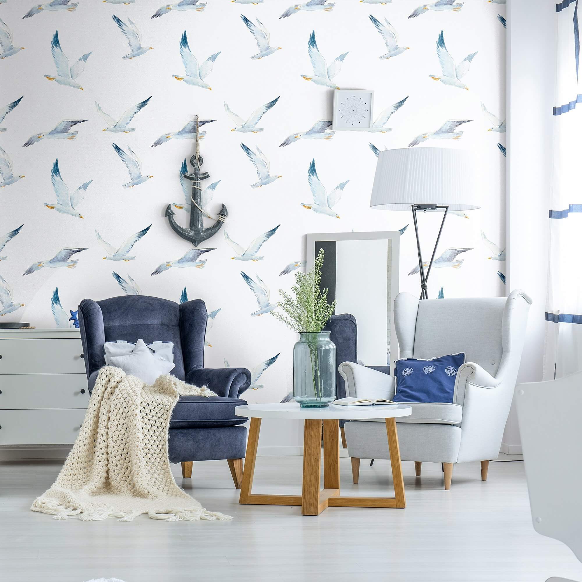 Blue and White Nautical Bird Peel and Stick Removable Wallpaper - Self-Adhesive Decorative Wall Covering for Bedroom, Bathroom, Nursery, or Office Decor