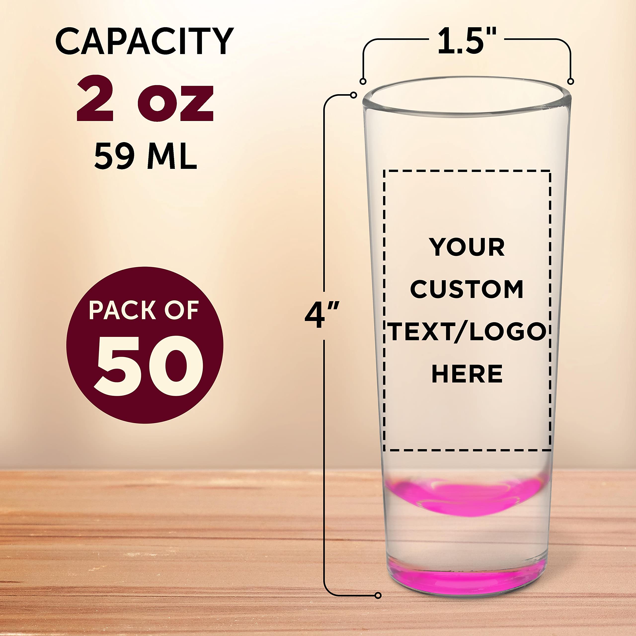 Custom 2 oz Cordial Shot Glasses Set of 50 - Personalized Bulk Pack for Parties, Weddings & Events - Durable Pink Glassware for Bars, Restaurants & Home Entertaining