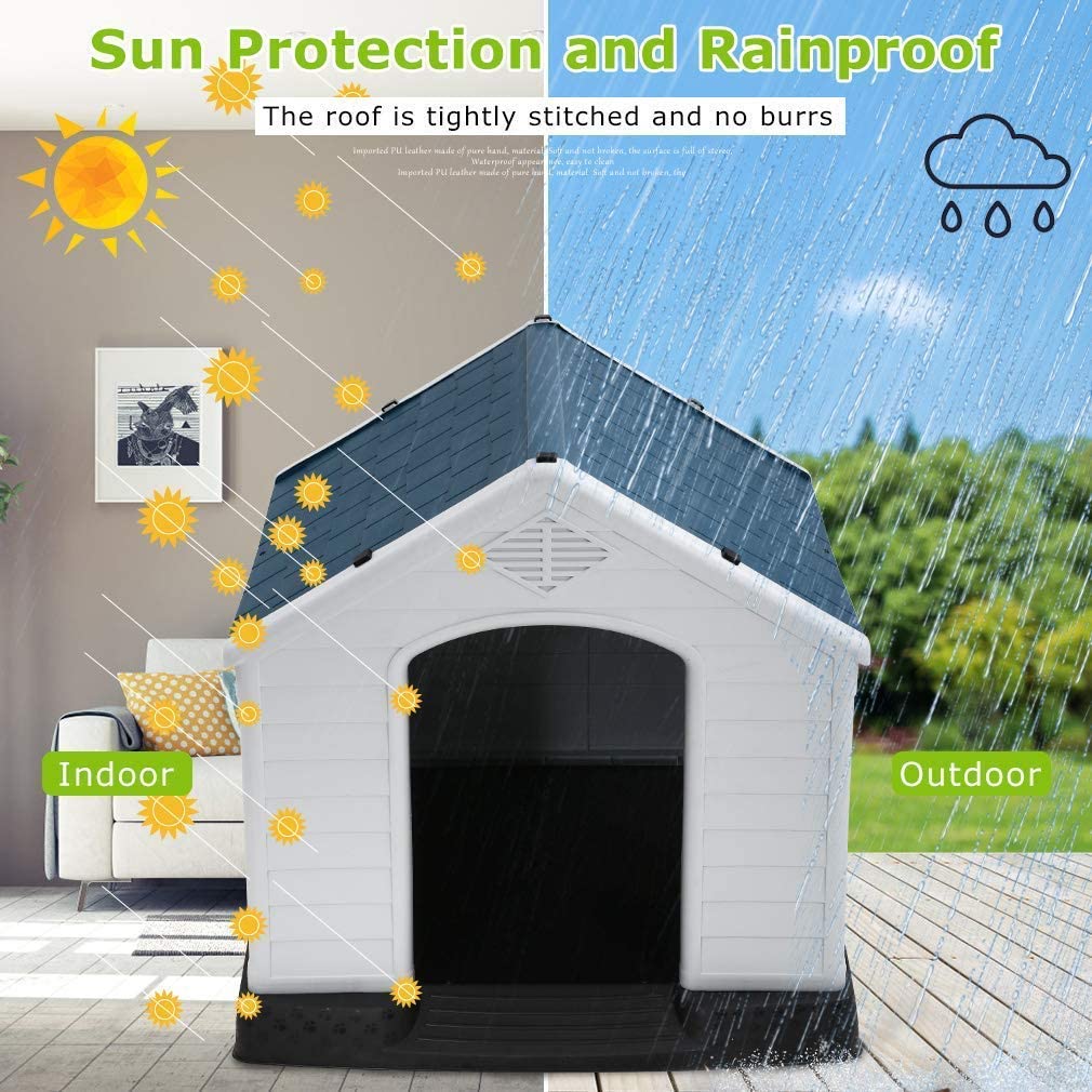 Medium Large Waterproof Plastic Dog House with Air Vents & Elevated Floor - Outdoor Pet Kennel Shelter for Dogs - White Weather-Resistant Dog Crate Furniture for Backyard, Patio & Camping Use