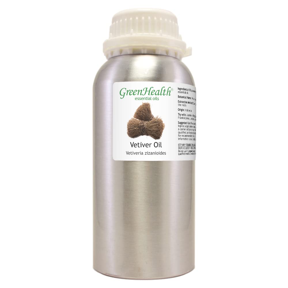 Pure Vetiver Essential Oil - 16 fl oz (473 ml) in Aluminum Bottle with Plug Cap - 100% Natural & Undiluted - Aromatherapy, Massage & Diffuser Use - GreenHealth