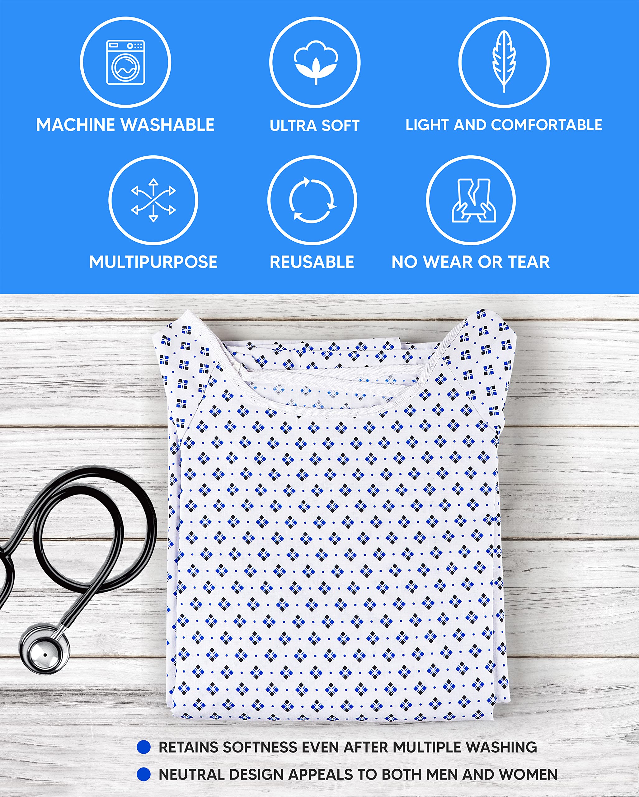 Premium Unisex Patient Gown - Soft Cotton Blend Hospital Gown for Men & Women - Comfortable Back Front Tie Design - Fits Up to 2XL - Reusable & Washable (2-Pack) - Ideal for Hospitals, Clinics, Home Care & Post-Surgery Recovery