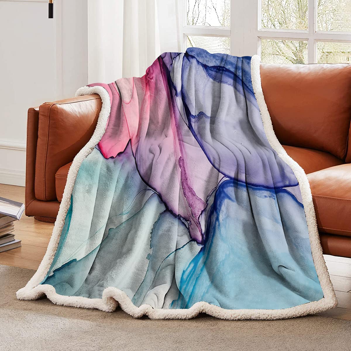 Blue Pink Marble Plush Fleece Blanket | Watercolor Faux Fur Throw | Ultra Soft Cozy Blanket for Sofa, Couch & Bed | Perfect for Living Room, Bedroom & Gift Giving