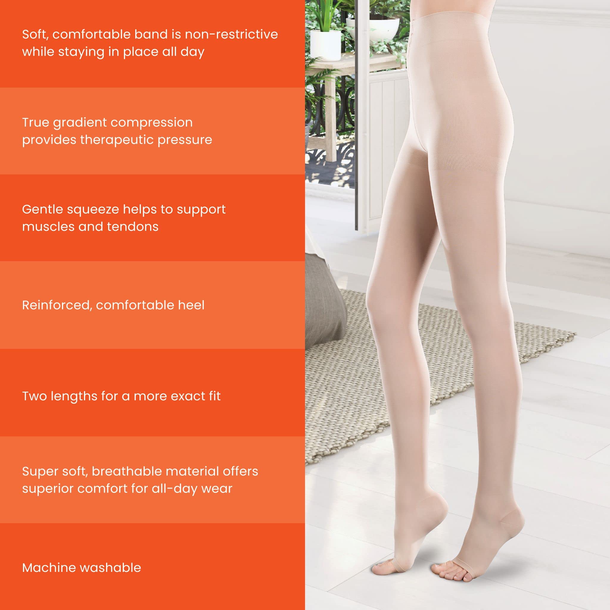Ease Sheer Women's Open-Toe Support Pantyhose - 20-30mmHg Moderate Compression Nylons for Varicose Veins & Swelling Relief - Comfortable Medical Stockings for Work, Travel & Daily Wear