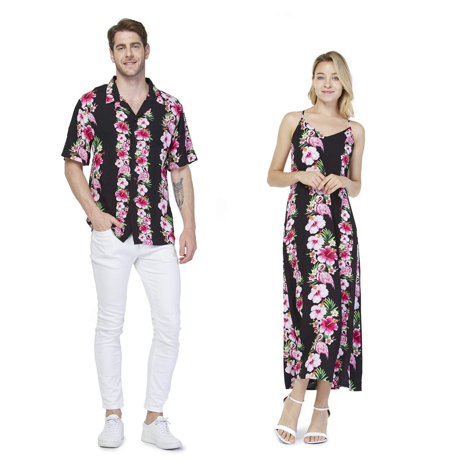 **Matching Couple Hawaiian Luau Shirts & Maxi Sweetheart Dress - Pink Hibiscus Vine Print for Beach Vacation, Summer Party, and Tropical Date Night**