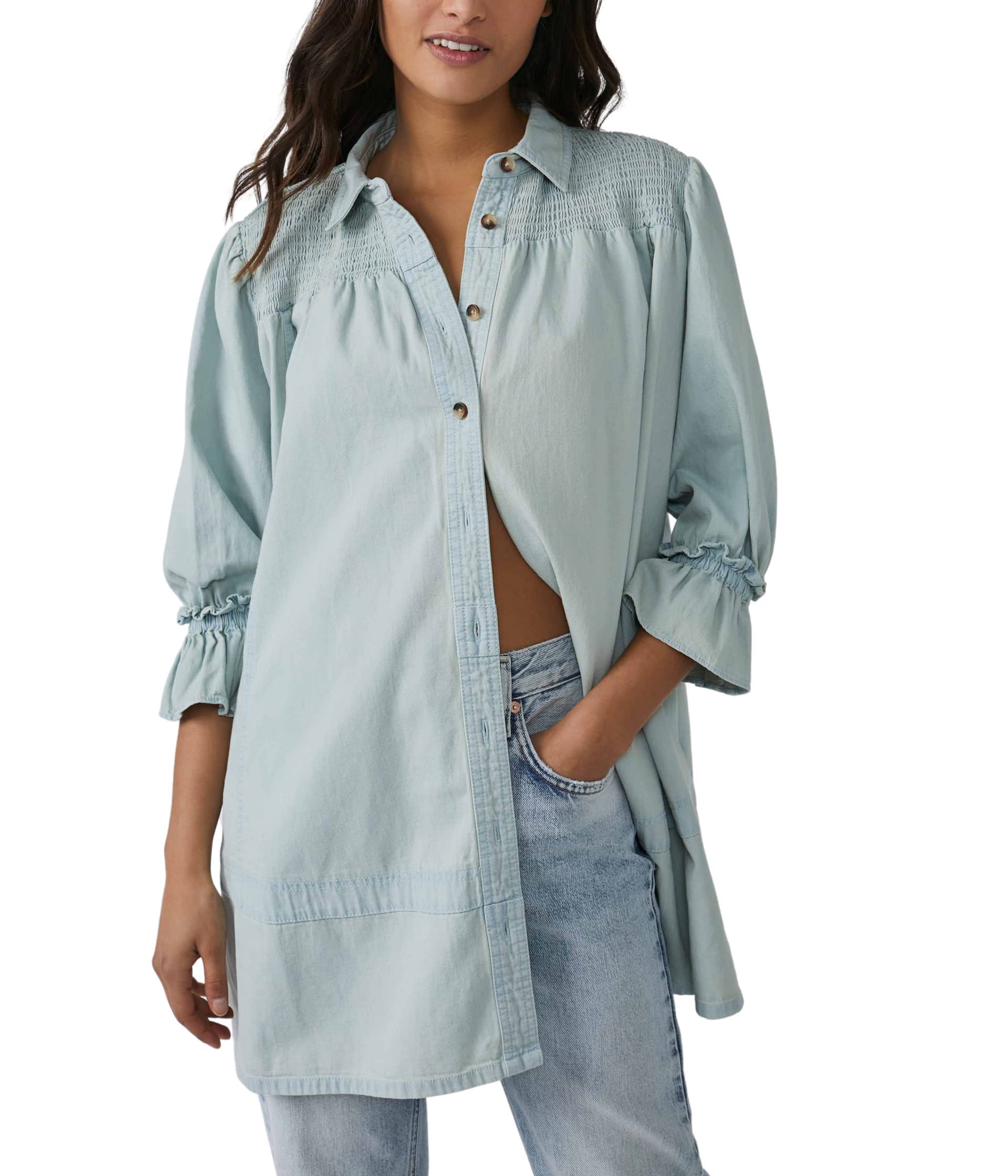 Free People Vanessa Denim Tunic Dress - Women's Boho Chic Long Sleeve Button Down Shirt for Casual Outings & Date Nights