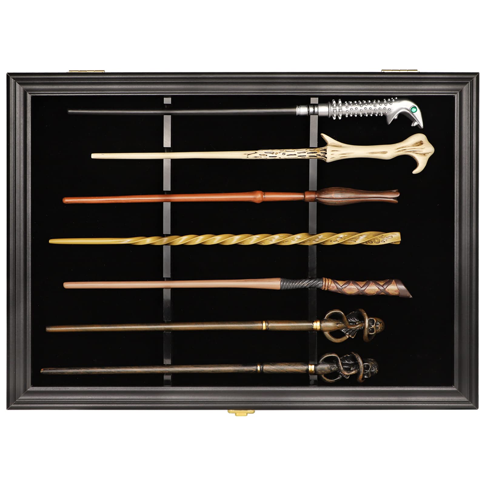 Magic Wand Display Case - Universal Wall Mount Stand for 7 Wands, Lockable Vertical/Horizontal Hanging Wooden Rack (Black) | Perfect for Harry Potter Collections, MagiQuest Games & Witchcraft Decor