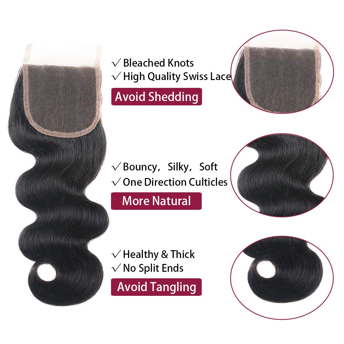 Brazilian Body Wave Virgin Hair 3 Bundles with 4x4 Lace Closure - 100% Unprocessed Human Hair (20 22 24+18 Inches) - Natural Black Color for Sew-in Weave & Protective Hairstyles