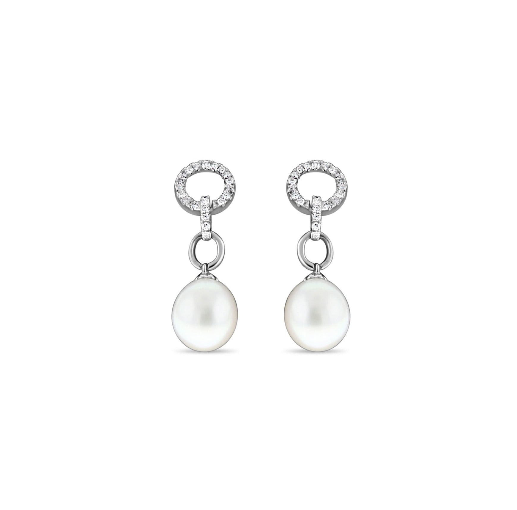 8MM Freshwater Pearl & Diamond Drop Earrings .19cttw 14k White Gold - Elegant Jewelry for Weddings, Parties & Special Occasions