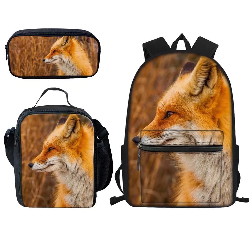 **Fox Themed Backpack Set for Girls - 17 Inch School Backpack with Lunch Bag & Pencil Case - Cute Kids Bookbag Gift for School, Travel & Outdoor Activities**