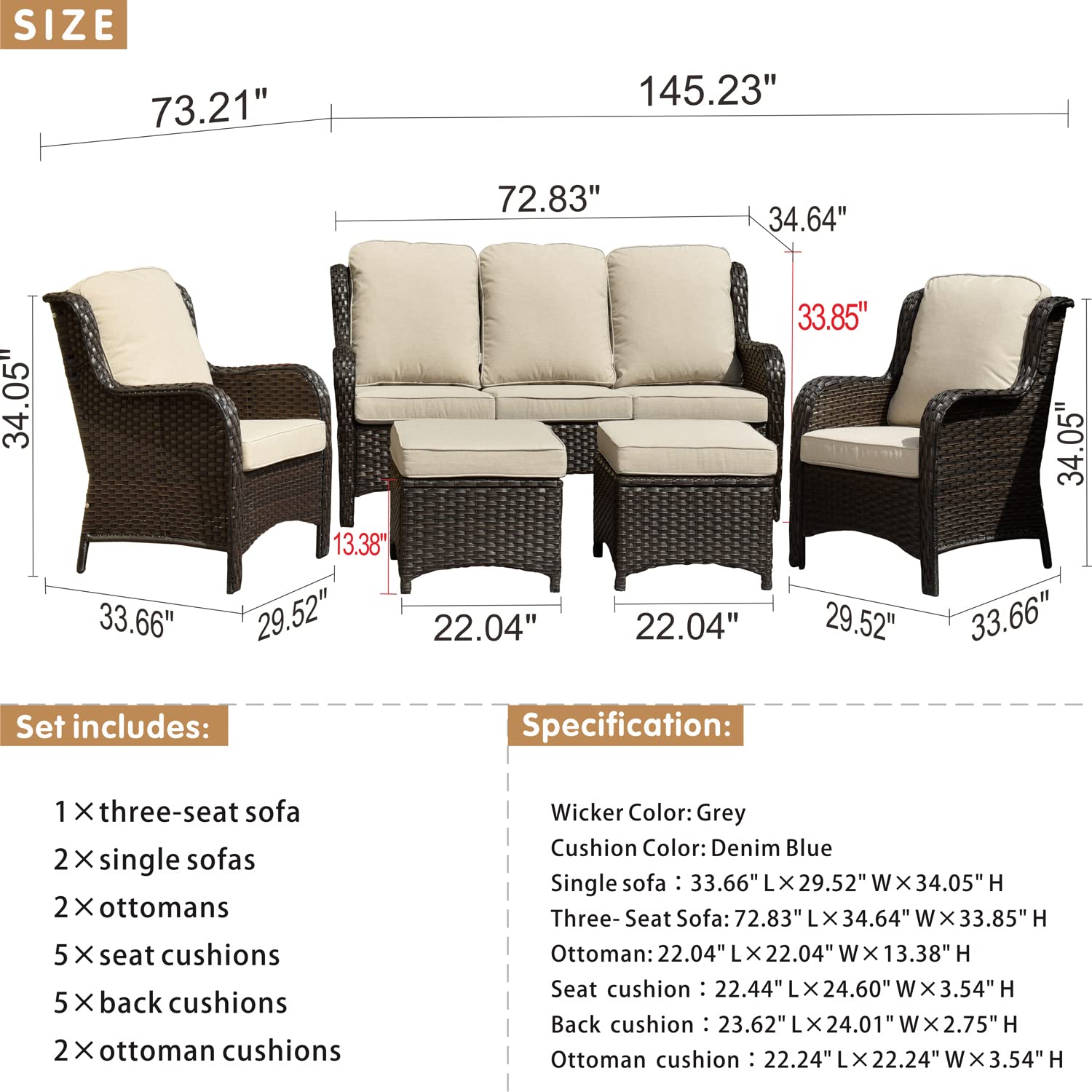 5-Piece All-Weather Wicker Patio Furniture Set with High Back Sofa, 2 Chairs & 2 Ottomans - Brown Beige Outdoor Conversation Set for Garden, Backyard, Deck & Poolside Relaxation