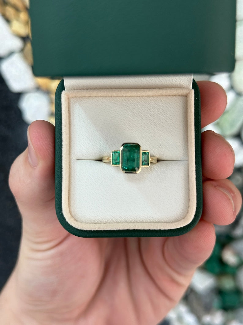 2.30 TCW Natural Emerald Cut Trilogy Lush Dark Green 3 Stone 14K Gold Ring for Women - Elegant Wedding, Engagement & Anniversary Jewelry Gift
