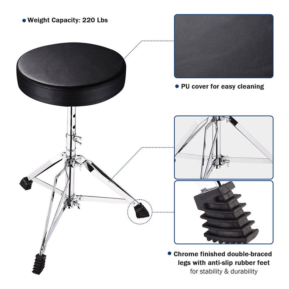 TheLAShop Adjustable Height Swivel Drum Throne - Padded Seat Drum Stool for Drummers with Backrest - Perfect for Drum Kits, Piano Benches & Music Practice Sessions
