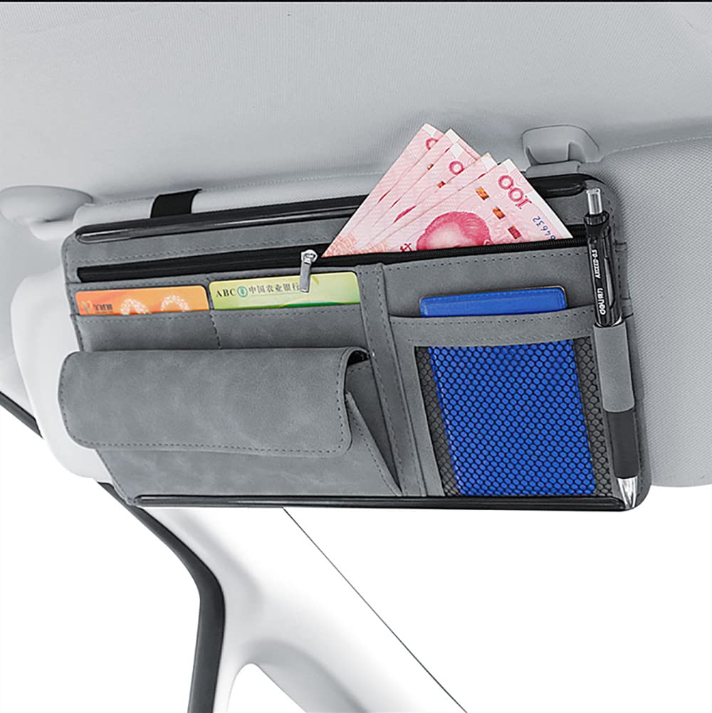 Premium Car Sun Visor Organizer - Suede Zipper Storage Bag for Glasses, Cards & Notes | Universal Fit Vehicle Accessory | Perfect for Road Trips, Commuting & Organization (Gray)