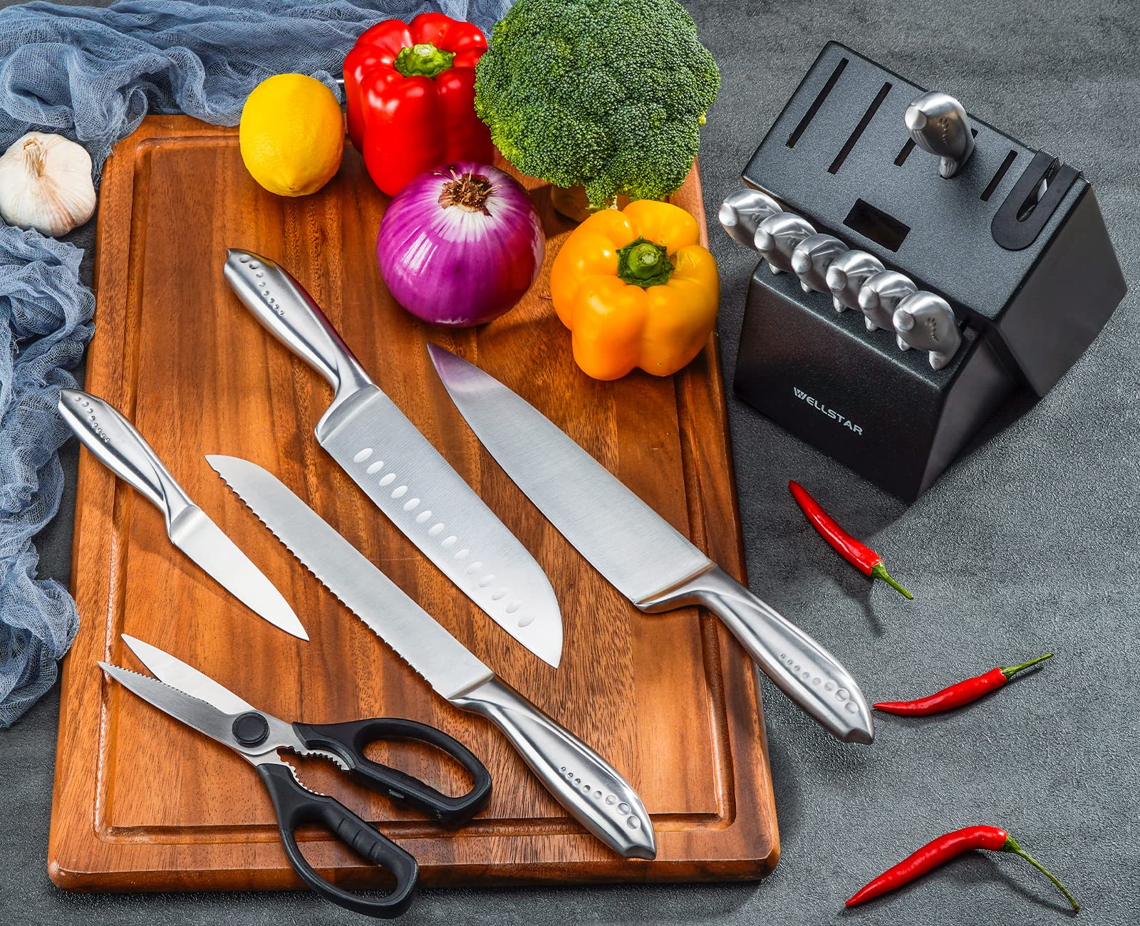 WELLSTAR 14-Piece German Stainless Steel Knife Set with Wooden Block - Ultra Sharp Kitchen Knives, Durable All Stainless Steel Handle, Includes Chef Knife, Scissors & Built-in Sharpener - Perfect for Home Cooking, Professional Chefs & Gift Giving