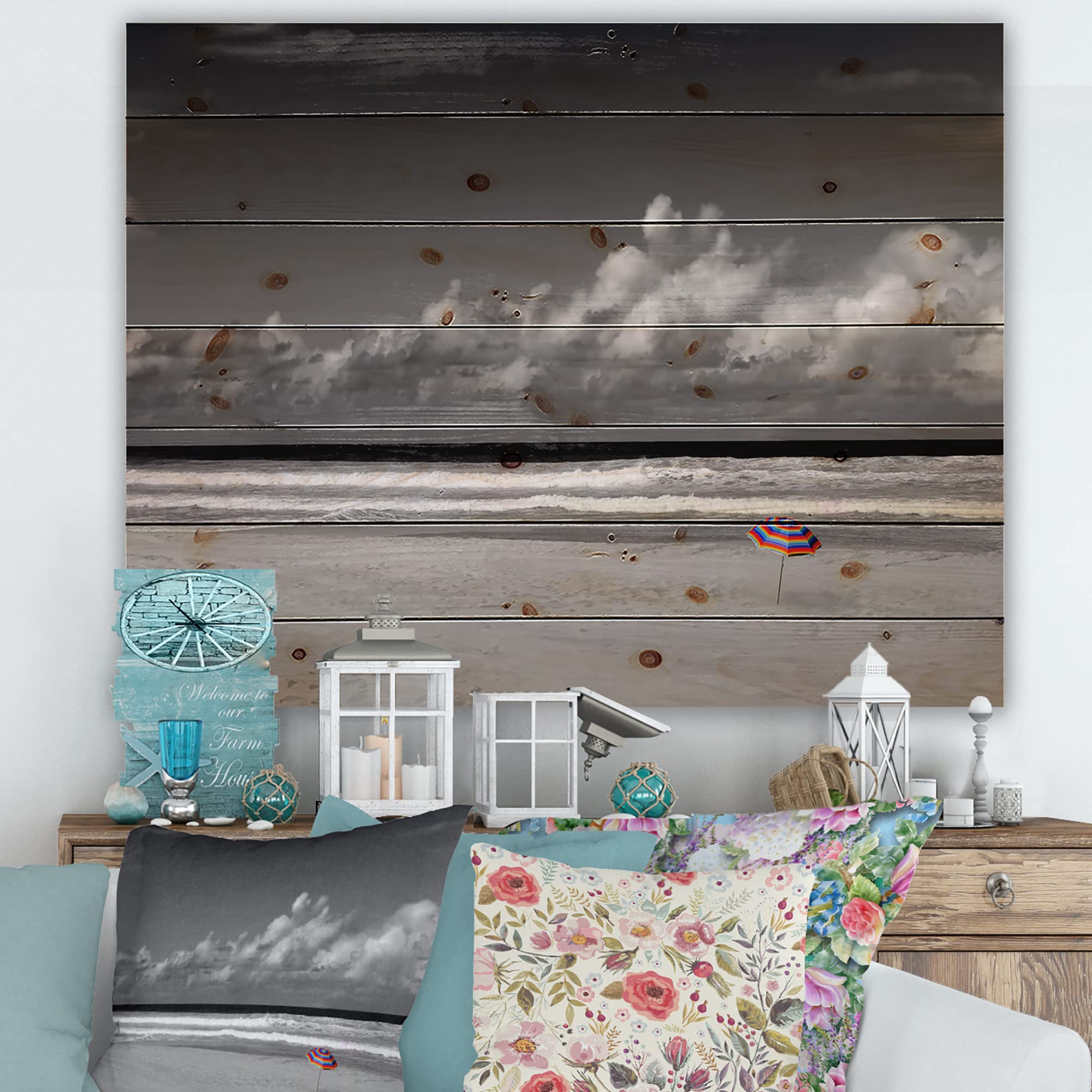 DesignQ Monochrome Coastline Under Cloudy Sky Lake House Wood Wall Decor - Grey Wood Wall Art - Large Landscape Wood Panels Printed on Natural Pine - Perfect for Living Room, Bedroom & Office Decor