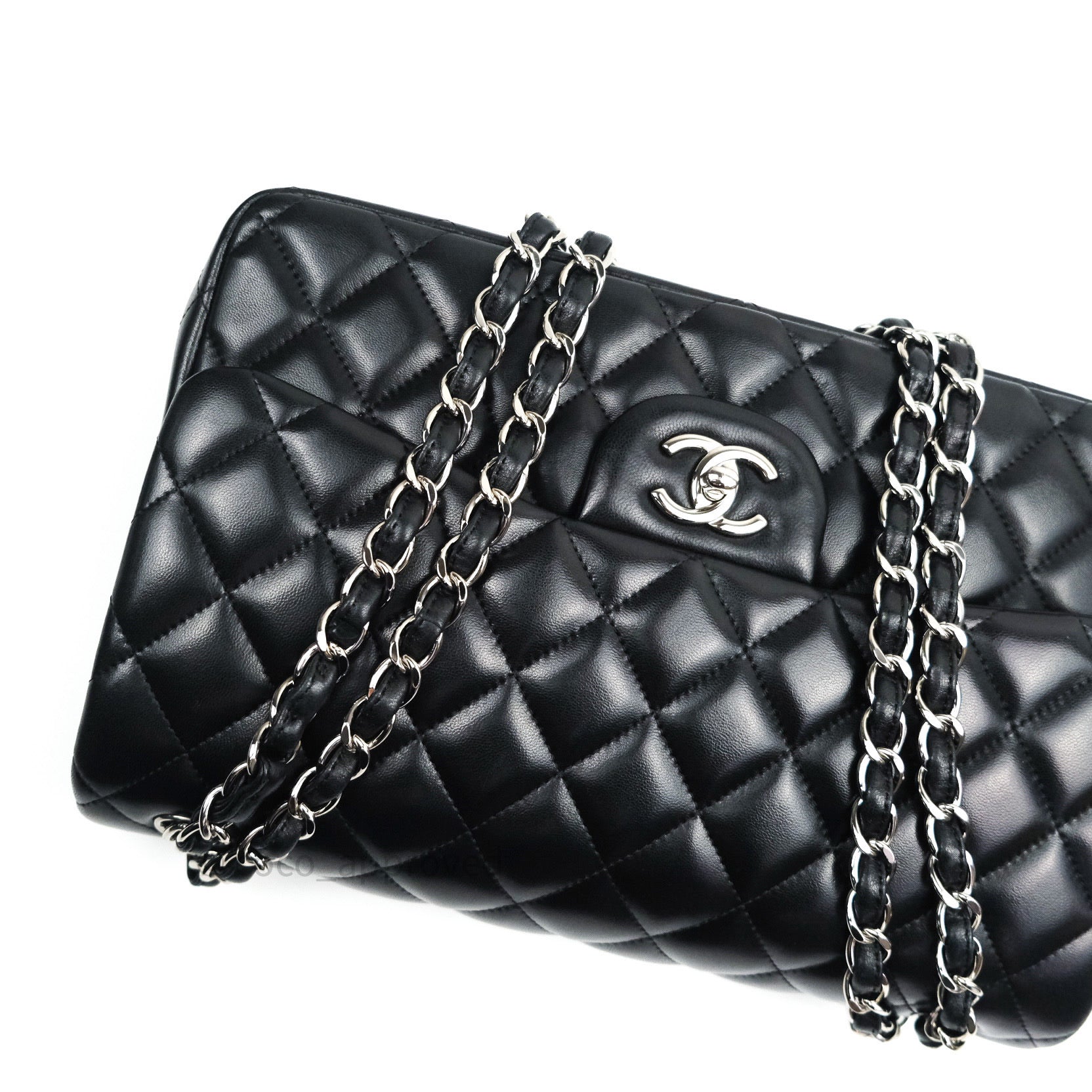 Chanel Classic Jumbo Double Flap Bag Black Lambskin Leather with Silver Hardware - Luxury Designer Handbag for Women, Perfect for Evening Events & Special Occasions